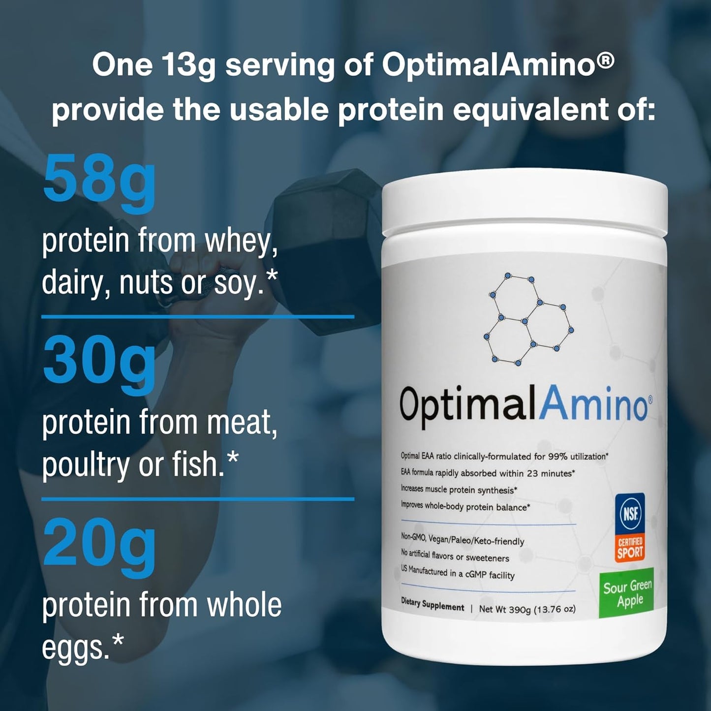 OptimalAmino EAA Supplement Powder | Sour Green Apple Flavor | NSF Certified | Muscle Recovery & Workout Aid