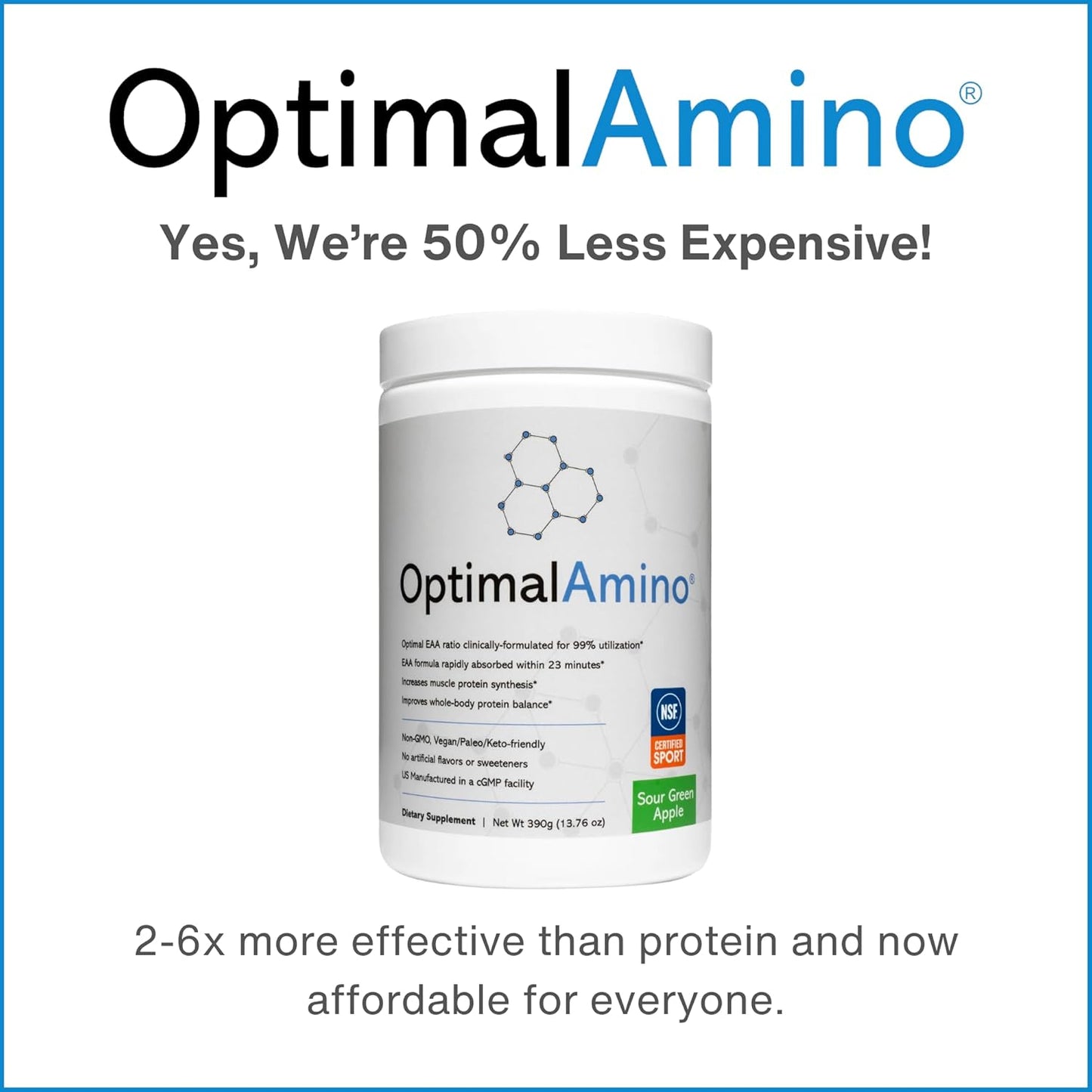 OptimalAmino EAA Supplement Powder | Sour Green Apple Flavor | NSF Certified | Muscle Recovery & Workout Aid