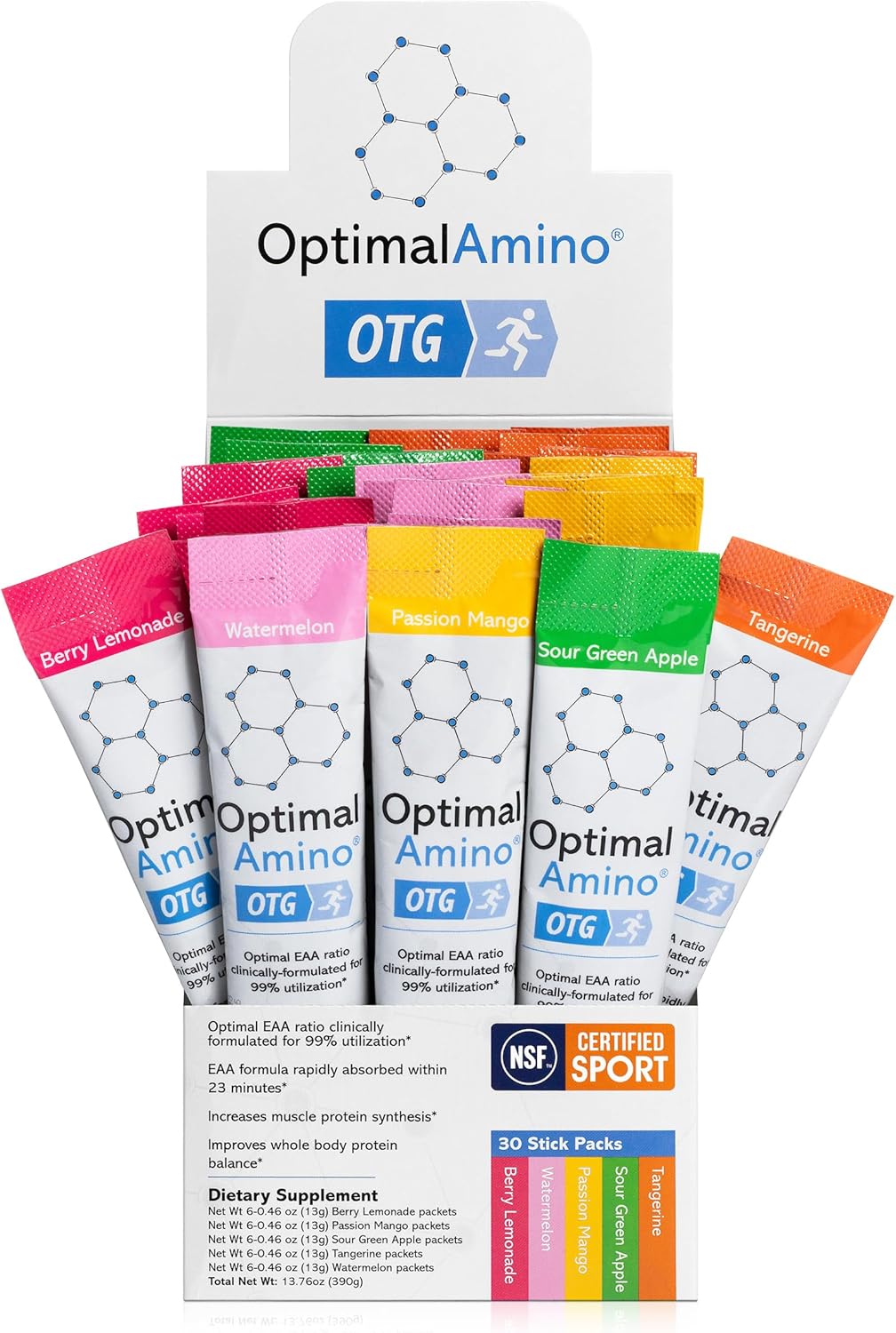 OptimalAmino OTG Stick Packs Variety Box, 30 Count - 99% Utilized EAA Supplement for Muscle Recovery - Vegan/Keto Pre/Post Workout - NSF Certified