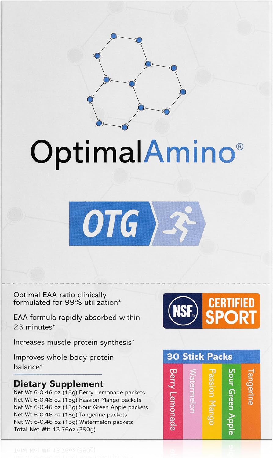 OptimalAmino OTG Stick Packs Variety Box, 30 Count - 99% Utilized EAA Supplement for Muscle Recovery - Vegan/Keto Pre/Post Workout - NSF Certified
