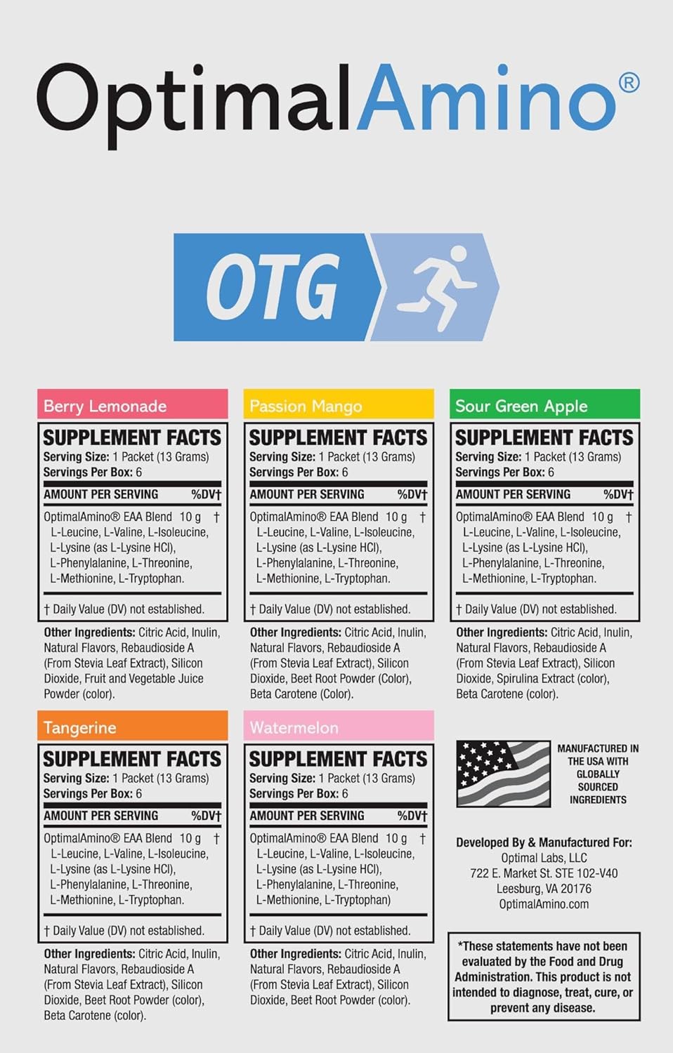 OptimalAmino OTG Stick Packs Variety Box, 30 Count - 99% Utilized EAA Supplement for Muscle Recovery - Vegan/Keto Pre/Post Workout - NSF Certified
