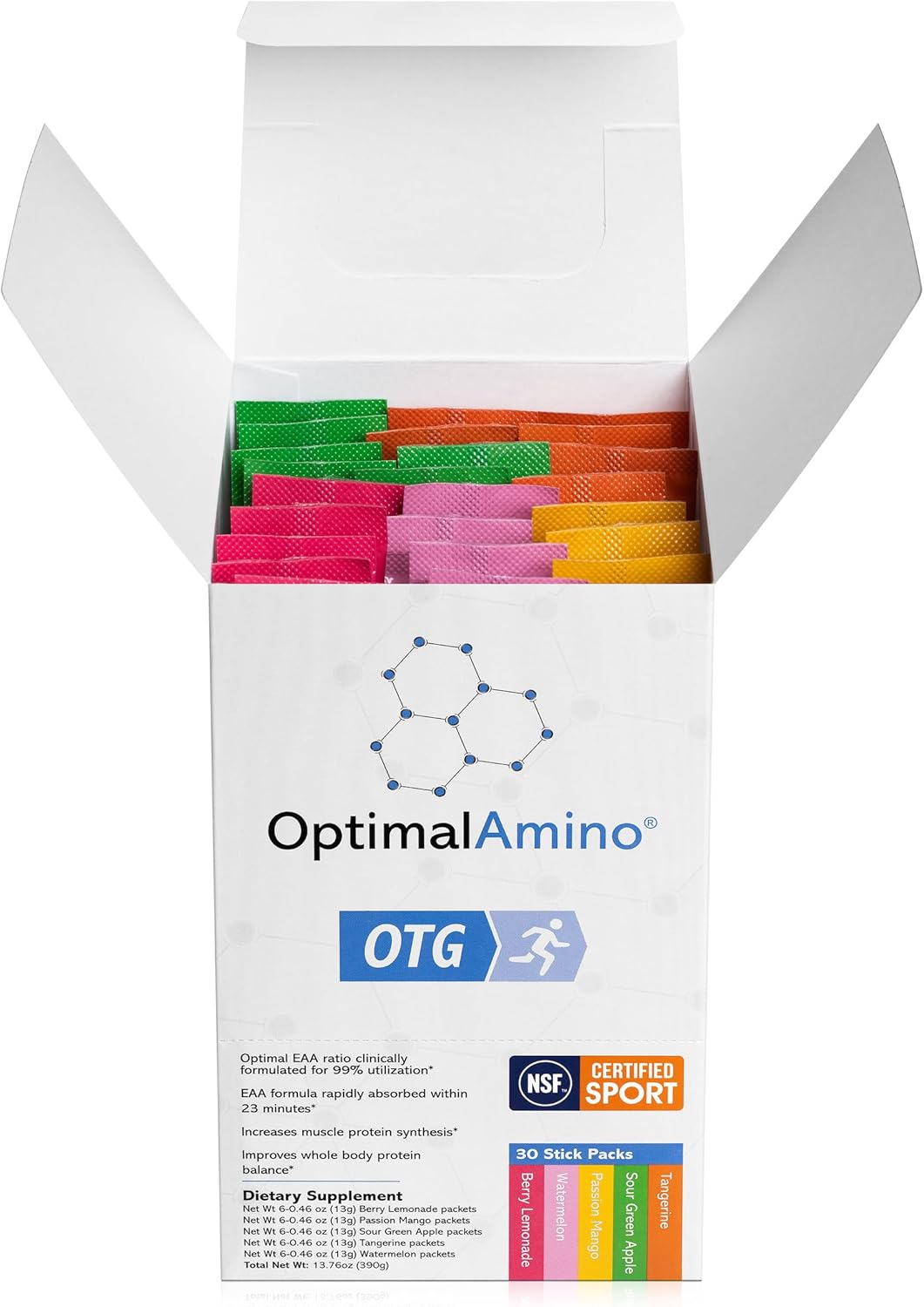 OptimalAmino OTG Stick Packs Variety Box, 30 Count - 99% Utilized EAA Supplement for Muscle Recovery - Vegan/Keto Pre/Post Workout - NSF Certified