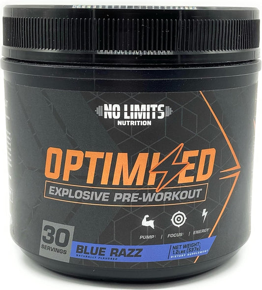 Optimized Blue Razz Pre-Workout Powder for Massive Pumps and Strength - No Limits Nutrition - 30 Servings