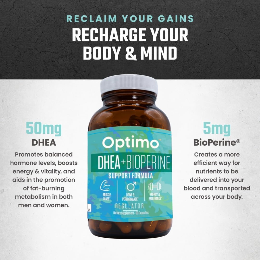Optimo 50mg DHEA and BioPerine Capsules for Hormone Optimization, Energy Boost, and Metabolism Support