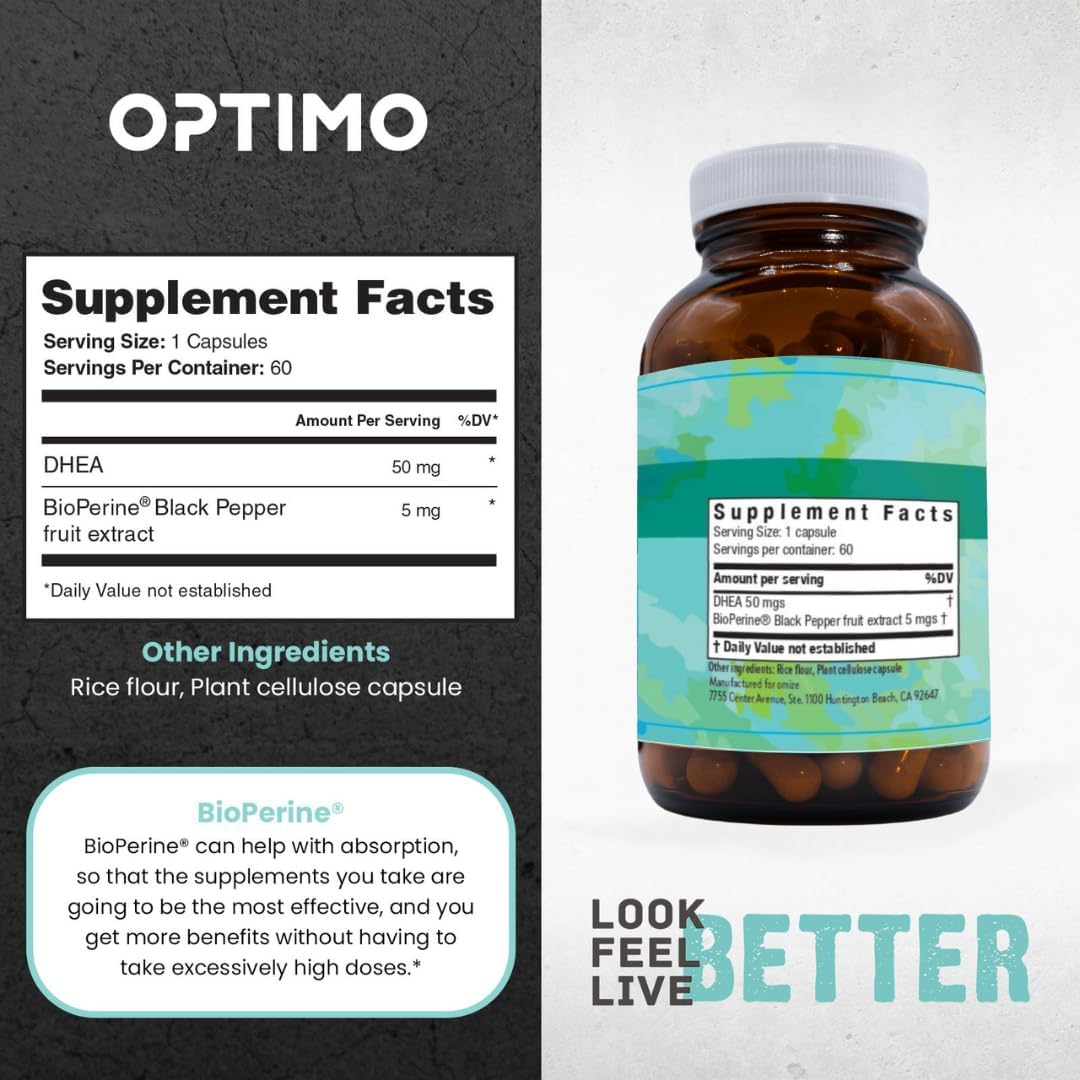 Optimo 50mg DHEA and BioPerine Capsules for Hormone Optimization, Energy Boost, and Metabolism Support