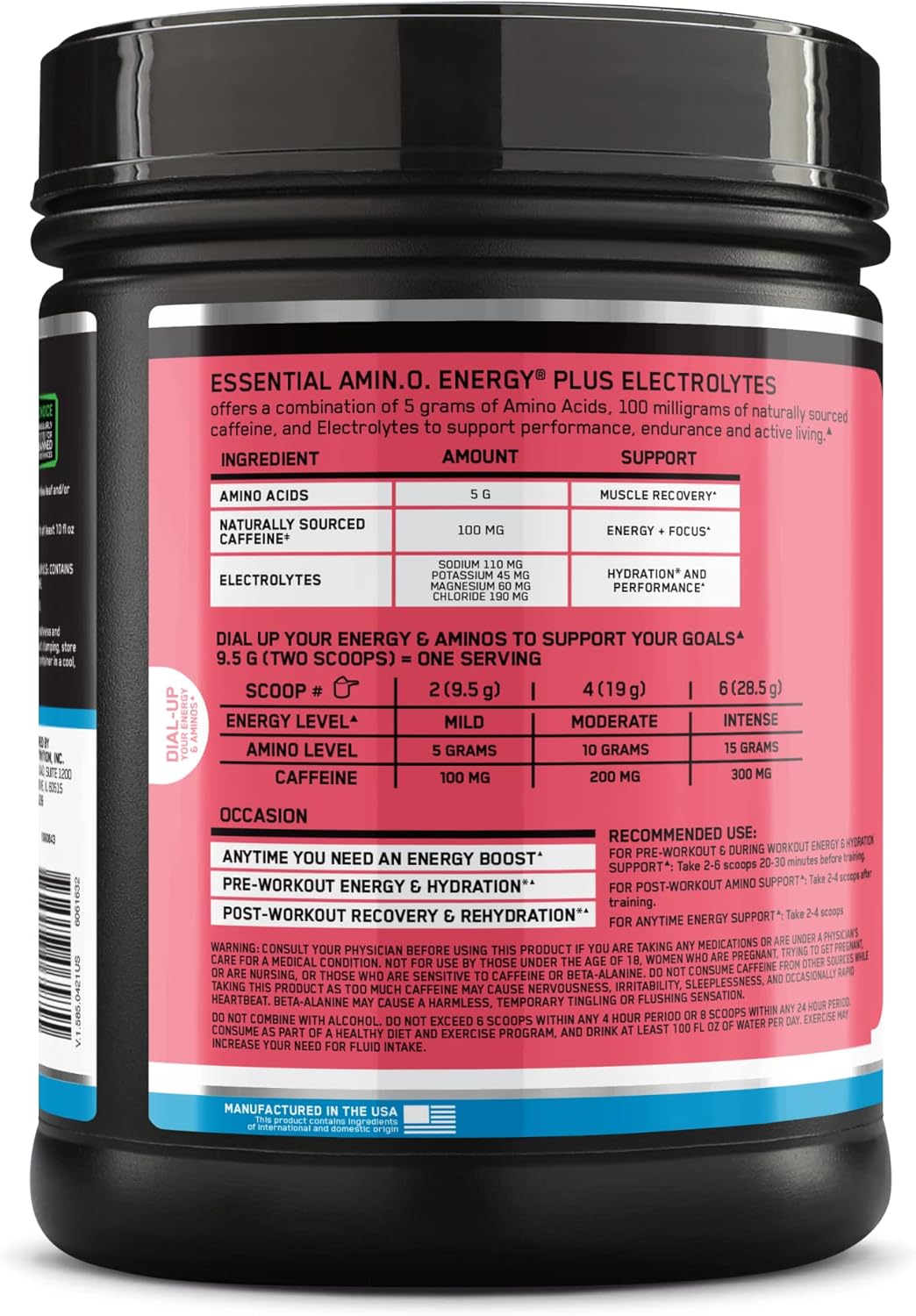 Optimum Nutrition Amino Energy & Electrolytes Powder - Watermelon Splash Flavor - Pre-Workout Drink for Energy, Focus, and Recovery - 1.51 lb (72 Servings)