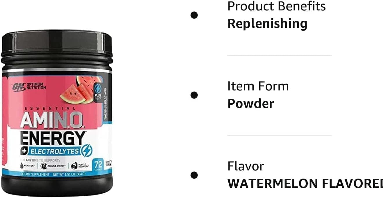 Optimum Nutrition Amino Energy & Electrolytes Powder - Watermelon Splash Flavor - Pre-Workout Drink for Energy, Focus, and Recovery - 1.51 lb (72 Servings)