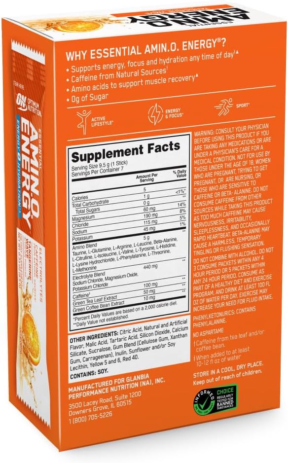 Optimum Nutrition Amino Energy Plus Electrolytes Stick Packs, Tangerine Wave Flavor, 7 Packets
