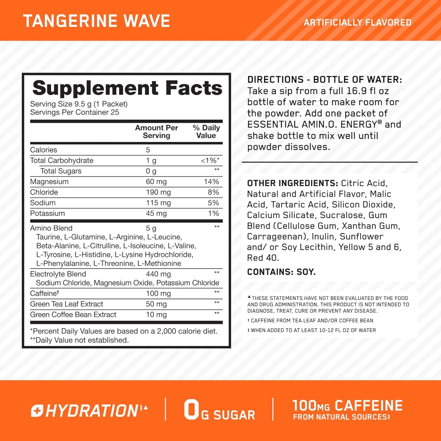 Optimum Nutrition Amino Energy Plus Hydration Packets in Tangerine Wave Flavor - 25 On-The-Go Powder Stick Packs