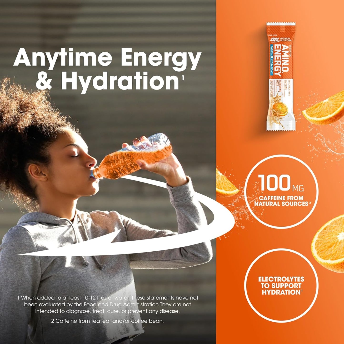 Optimum Nutrition Amino Energy Plus Hydration Packets in Tangerine Wave Flavor - 25 On-The-Go Powder Stick Packs