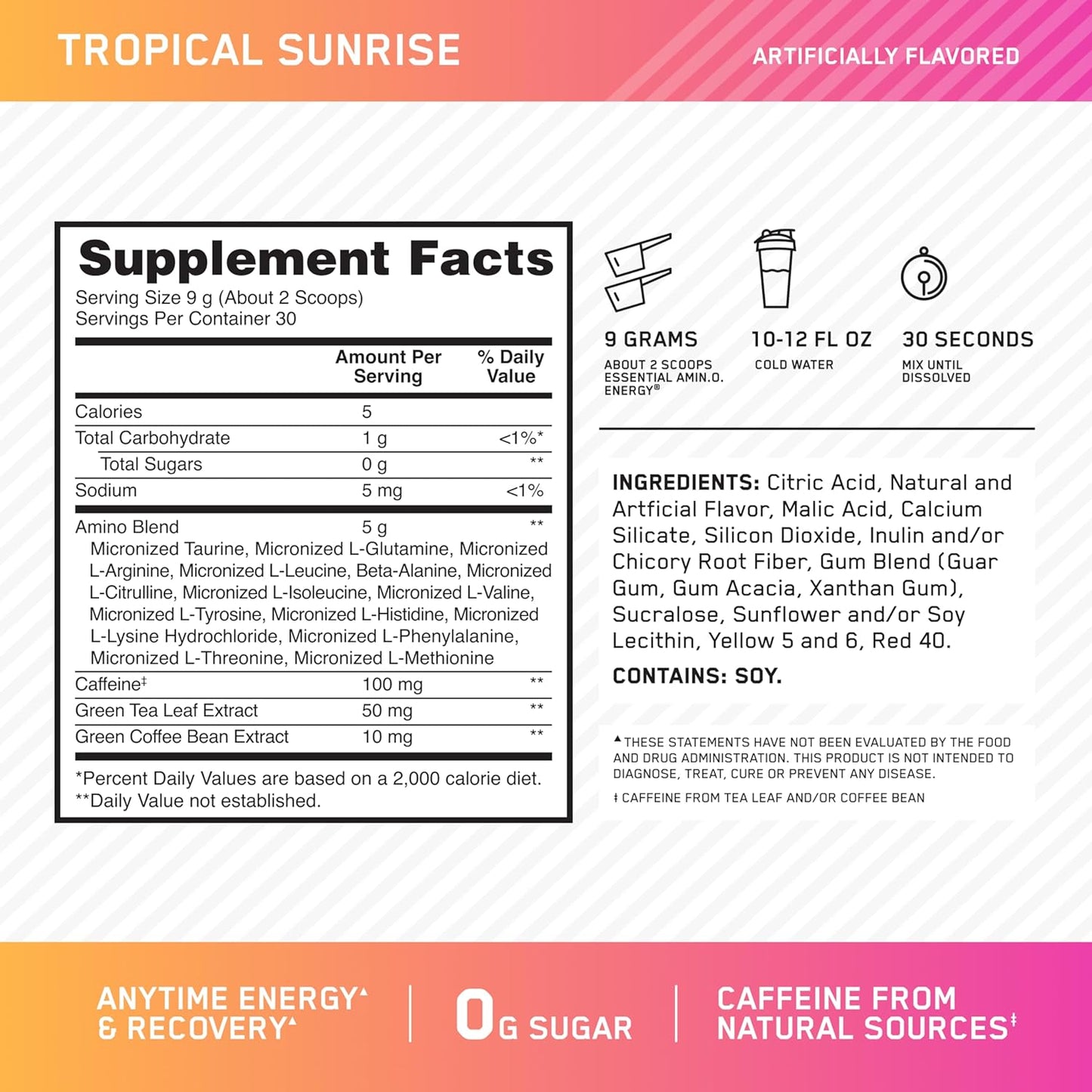 Optimum Nutrition Amino Energy Pre Workout Powder - Tropical Sunrise Flavor, 30 Servings - Green Tea, BCAA, Amino Acids, Green Coffee Extract - Keto Friendly Energy Supplement