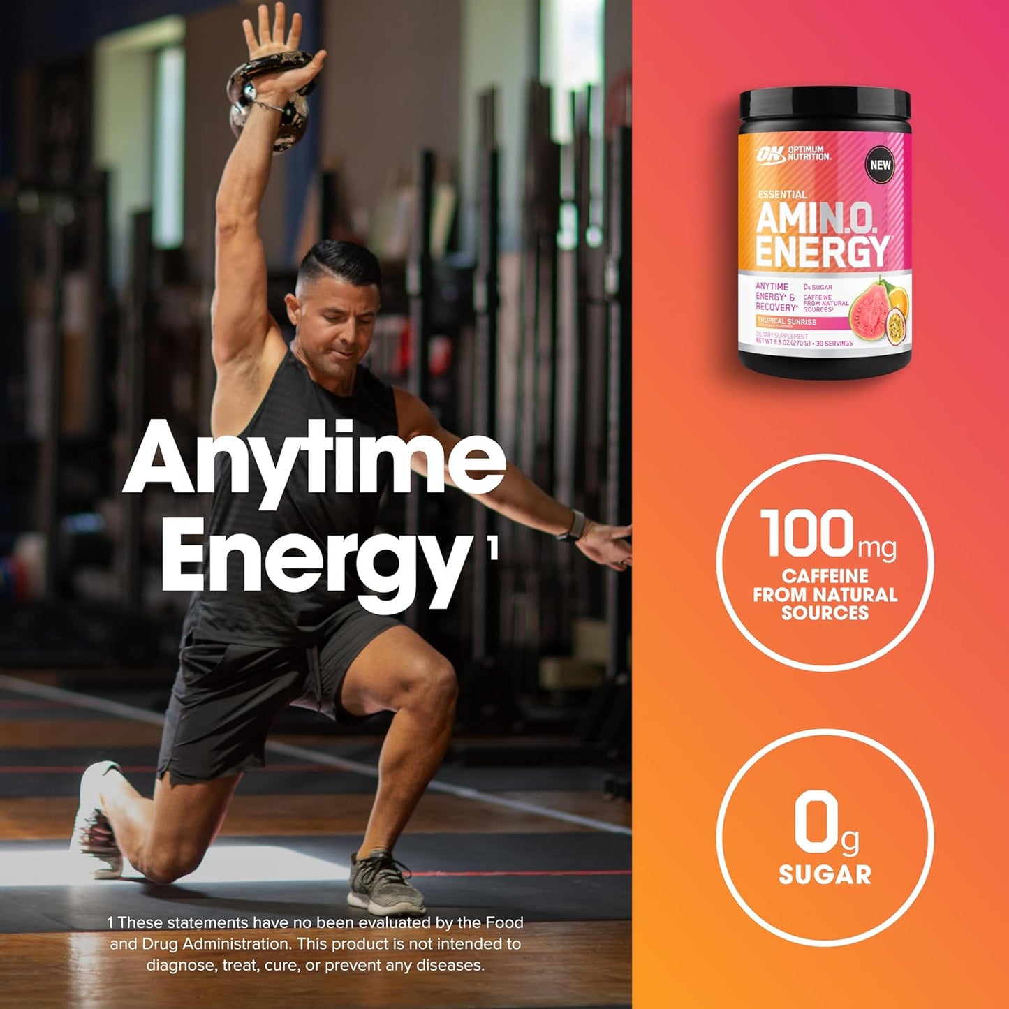 Optimum Nutrition Amino Energy Pre Workout Powder - Tropical Sunrise Flavor, 30 Servings - Green Tea, BCAA, Amino Acids, Green Coffee Extract - Keto Friendly Energy Supplement