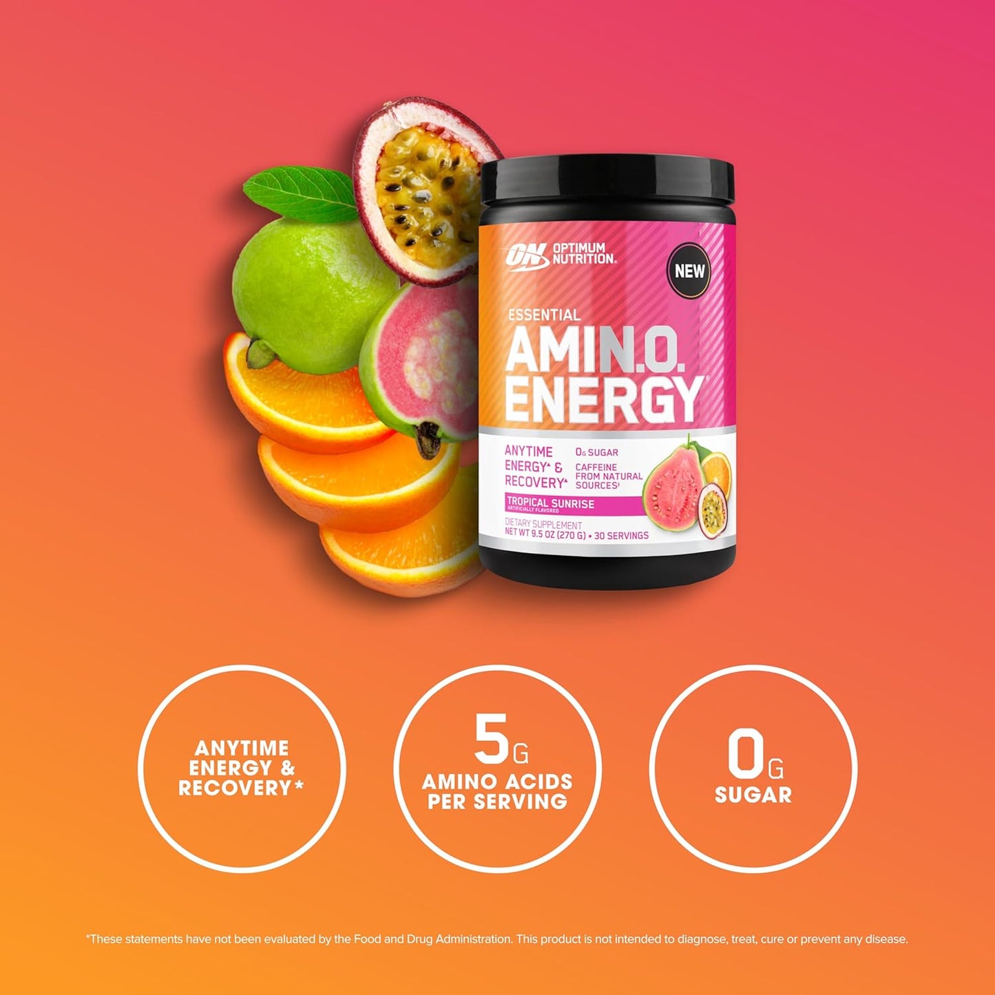 Optimum Nutrition Amino Energy Pre Workout Powder - Tropical Sunrise Flavor, 30 Servings - Green Tea, BCAA, Amino Acids, Green Coffee Extract - Keto Friendly Energy Supplement