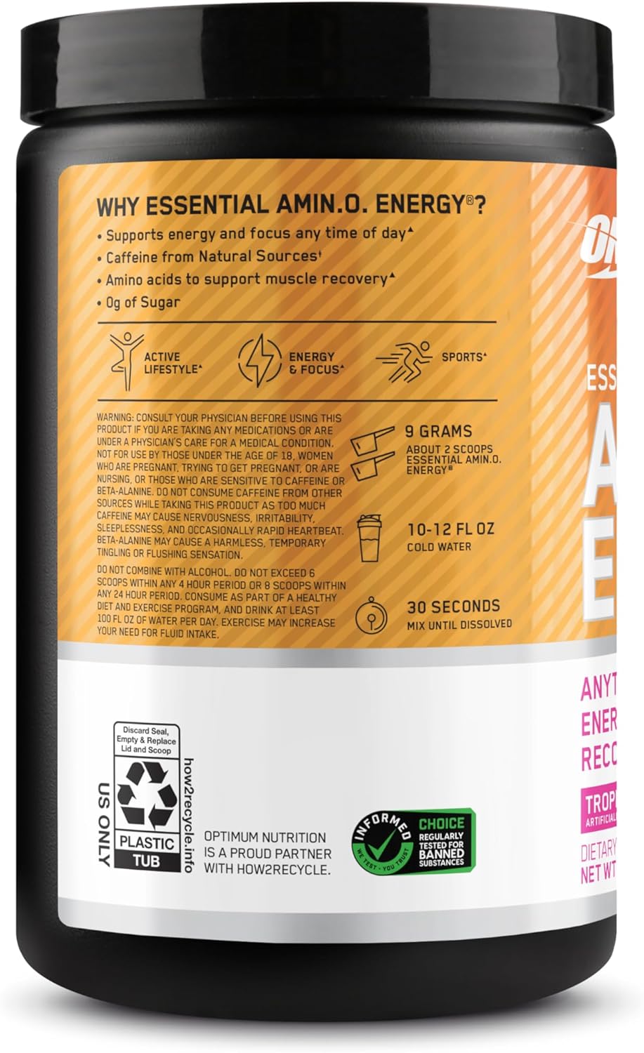 Optimum Nutrition Amino Energy Pre Workout Powder - Tropical Sunrise Flavor, 30 Servings - Green Tea, BCAA, Amino Acids, Green Coffee Extract - Keto Friendly Energy Supplement