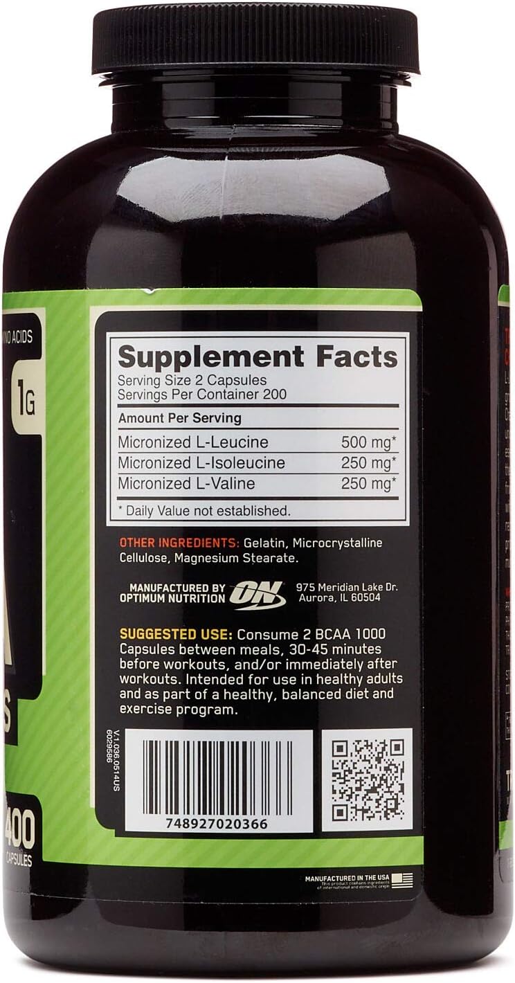 Optimum Nutrition BCAA 1000 - 400 Capsules for Muscle Recovery and Endurance