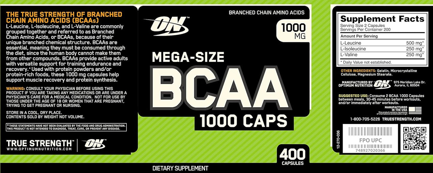 Optimum Nutrition BCAA 1000 - 400 Capsules for Muscle Recovery and Endurance
