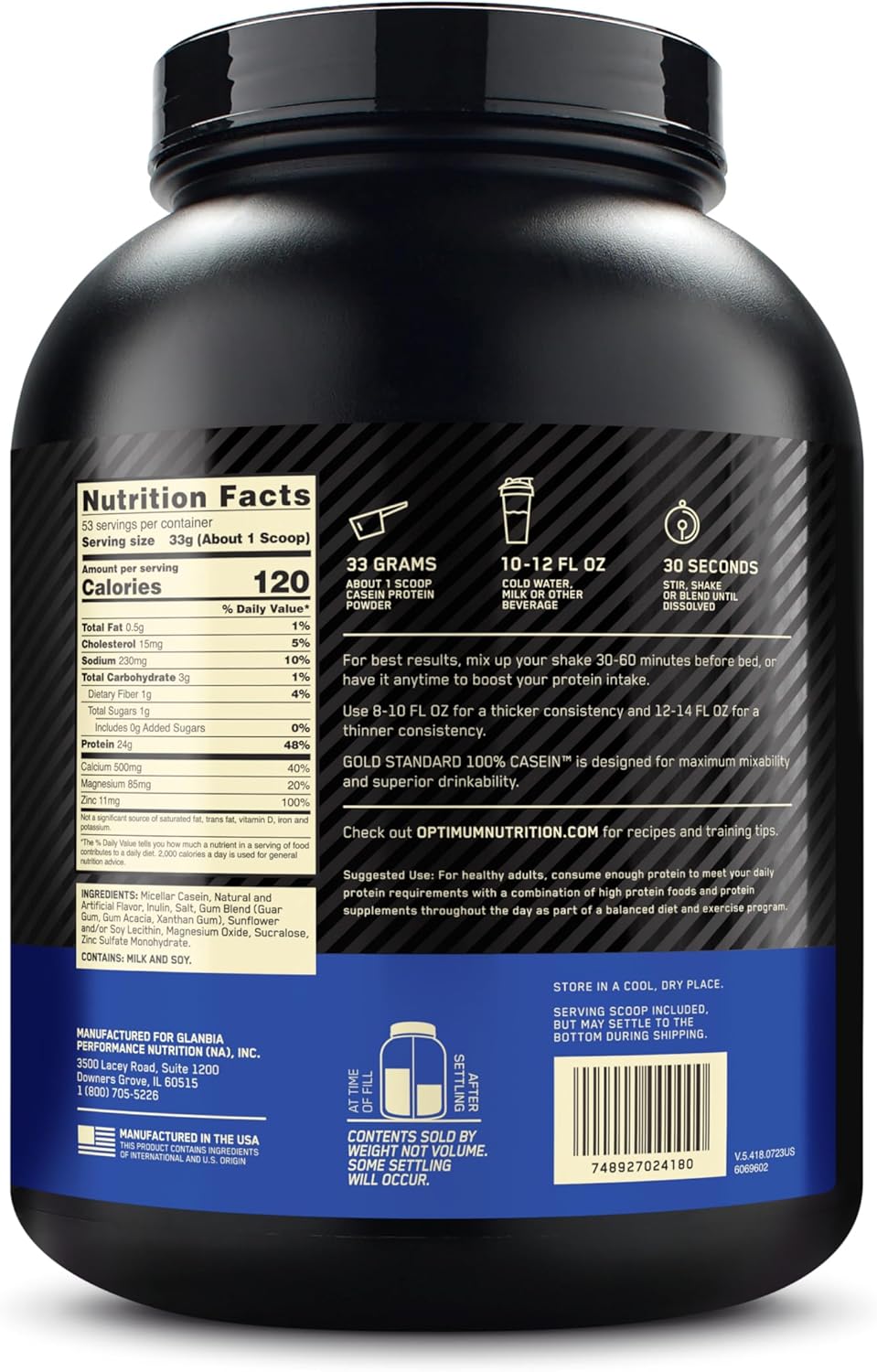 Optimum Nutrition Gold Standard Micellar Casein Protein Powder - Slow Digesting, Promotes Overnight Muscle Recovery, Creamy Vanilla Flavor - 4 lb Pack