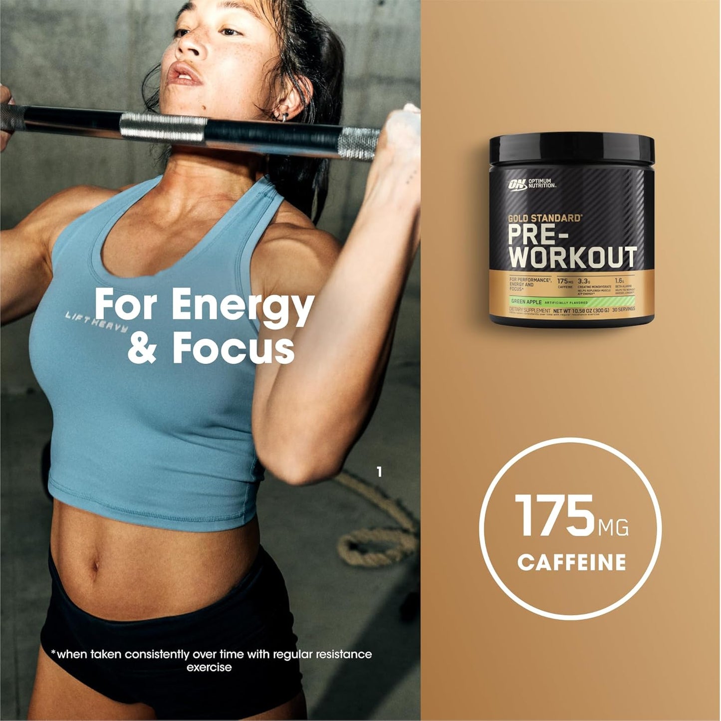 Optimum Nutrition Gold Standard Pre Workout Green Apple Flavor - 30 Servings with Creatine, Beta-Alanine, Caffeine