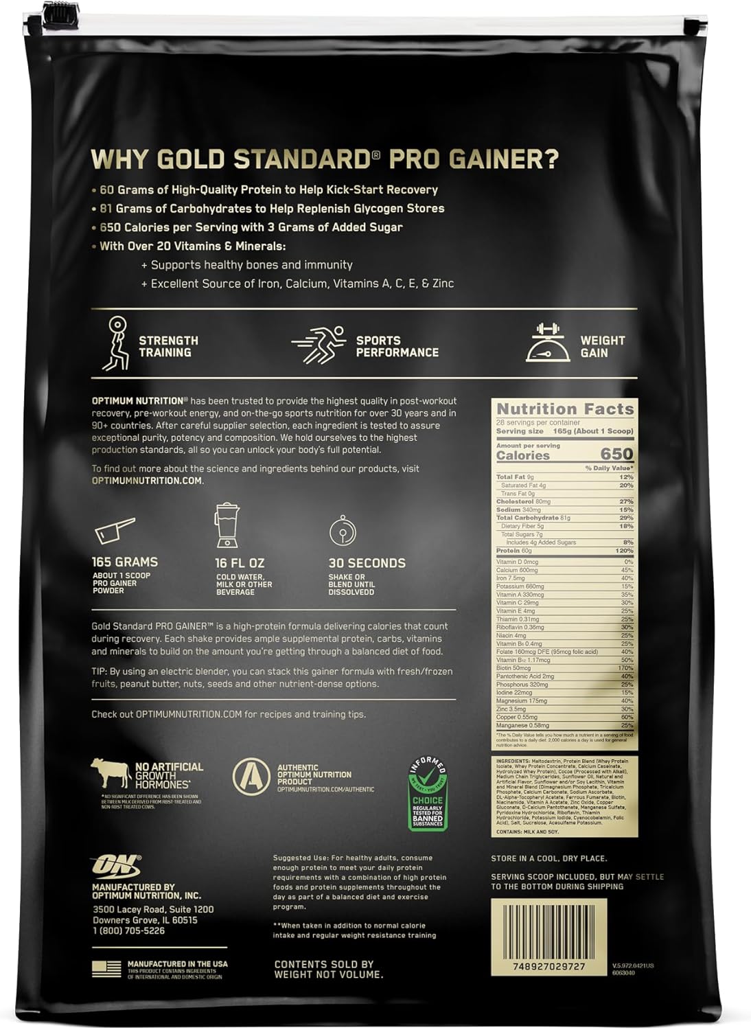 Optimum Nutrition Gold Standard Pro Gainer - Double Chocolate Weight Gainer Protein Powder, 10.19 lbs