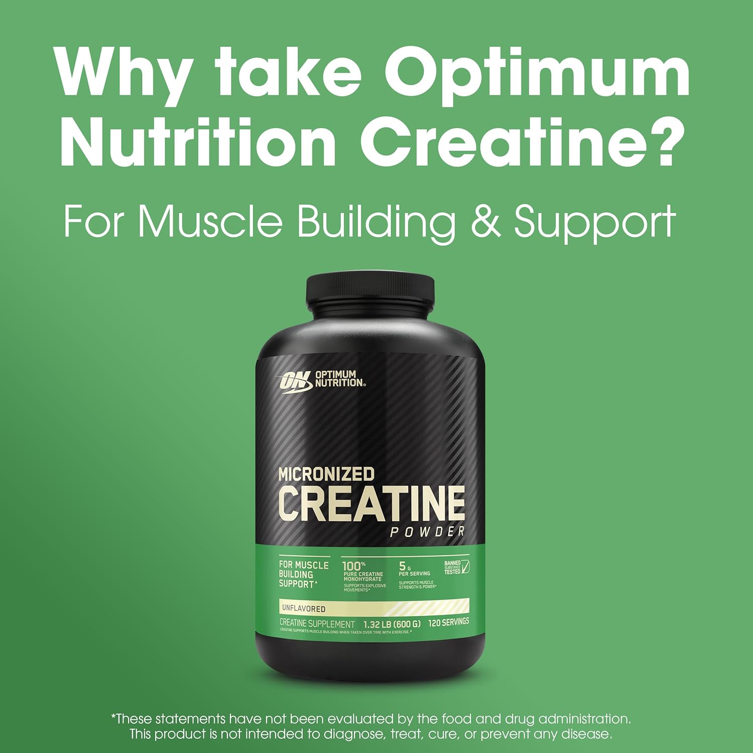 Optimum Nutrition Micronized Creatine Monohydrate Powder - Unflavored, 600g - 120 Servings