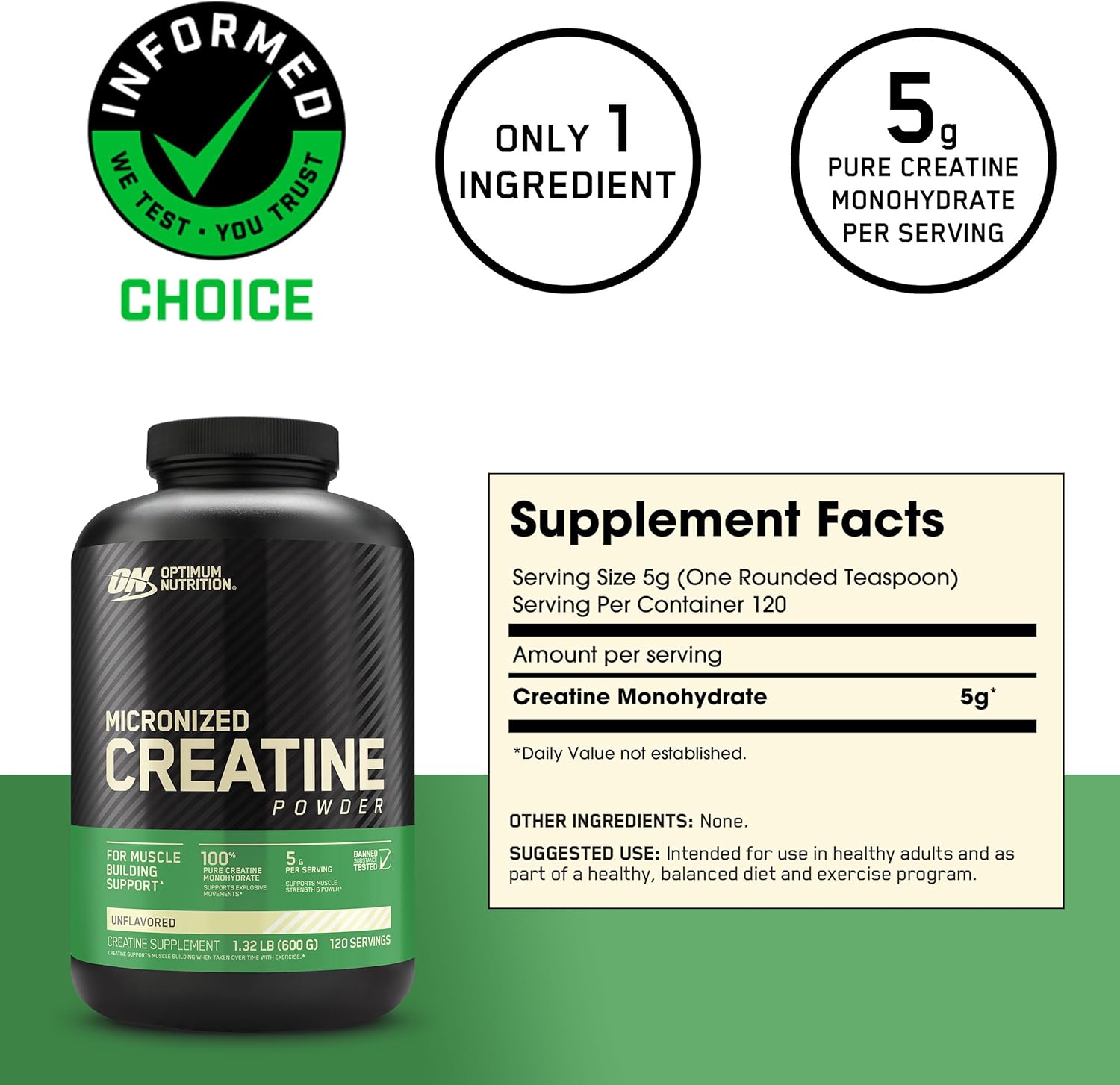 Optimum Nutrition Micronized Creatine Monohydrate Powder - Unflavored, 600g - 120 Servings