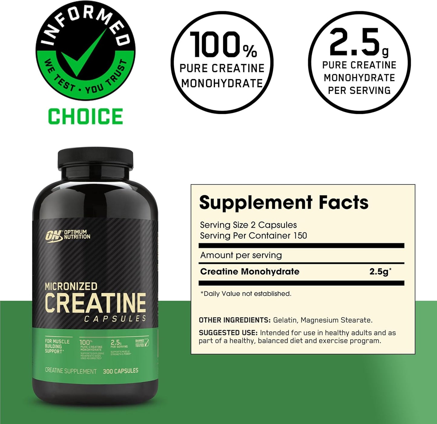 Optimum Nutrition Micronized Creatine Monohydrate Capsules - 2500mg, 300 Capsules, Keto-Friendly