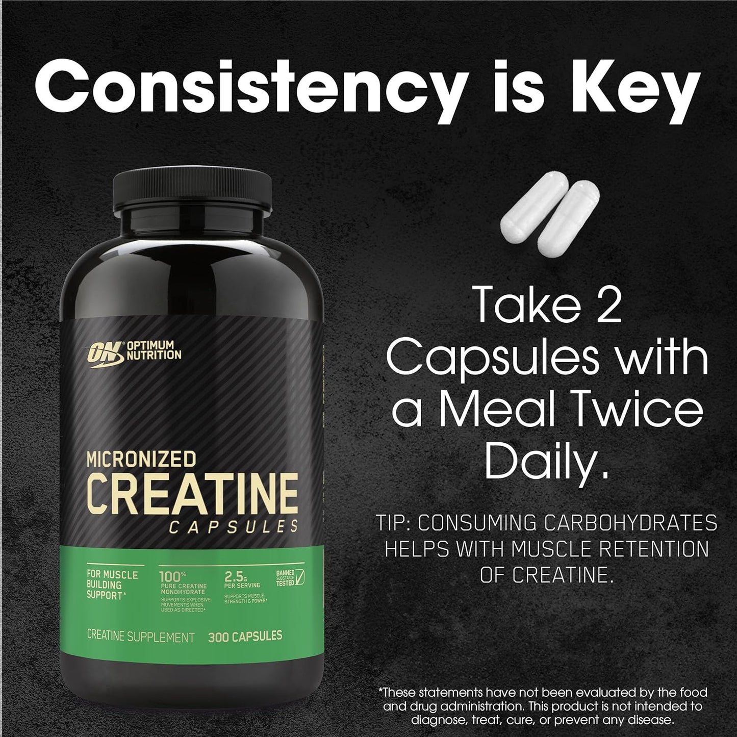 Optimum Nutrition Micronized Creatine Monohydrate Capsules - 2500mg, 300 Capsules, Keto-Friendly
