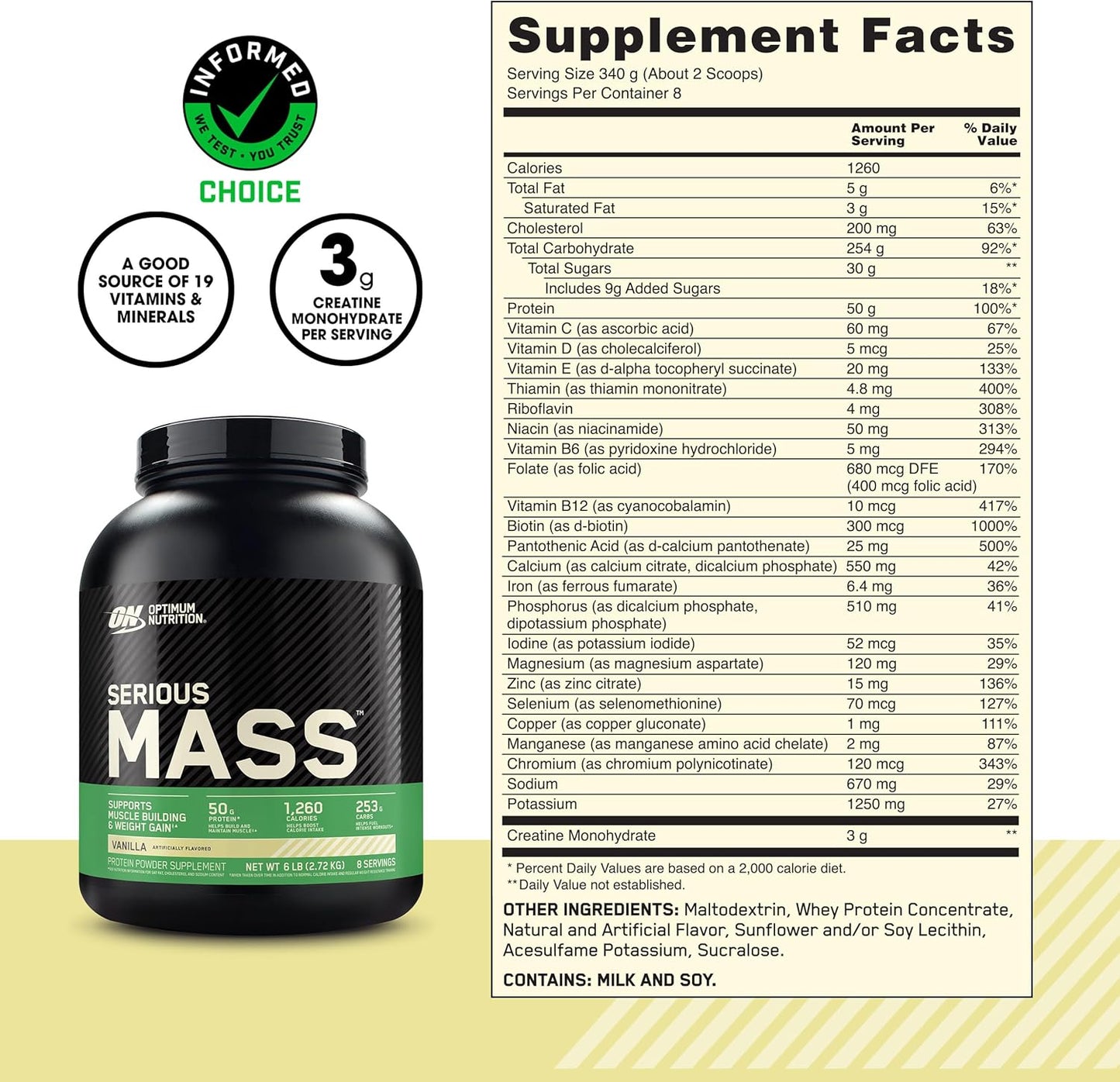 Optimum Nutrition Serious Mass Vanilla Protein Powder with Immune Support - 6 Pound Pack