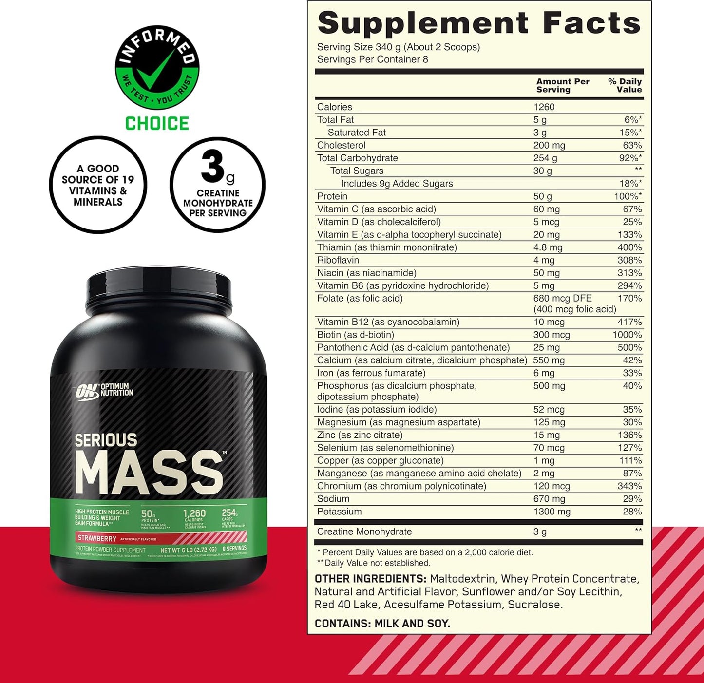 Optimum Nutrition Serious Mass Weight Gainer Protein Powder with Vitamin C and Zinc, Creatine, Strawberry Flavor - 6 lb
