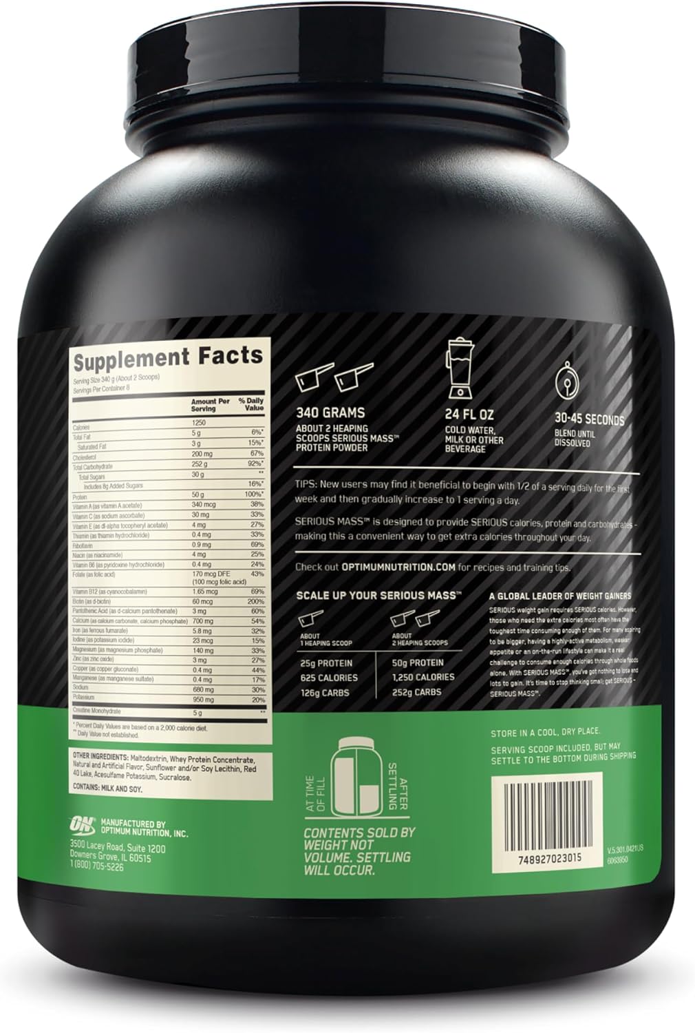 Optimum Nutrition Serious Mass Weight Gainer Protein Powder with Vitamin C and Zinc, Creatine, Strawberry Flavor - 6 lb
