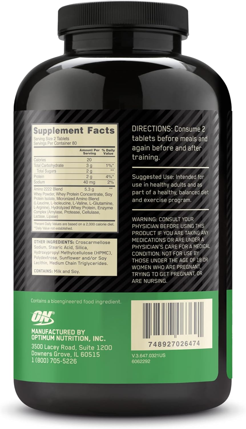 Optimum Nutrition Superior Amino 2222 Tablets - Complete Essential Amino Acids - 160 Count