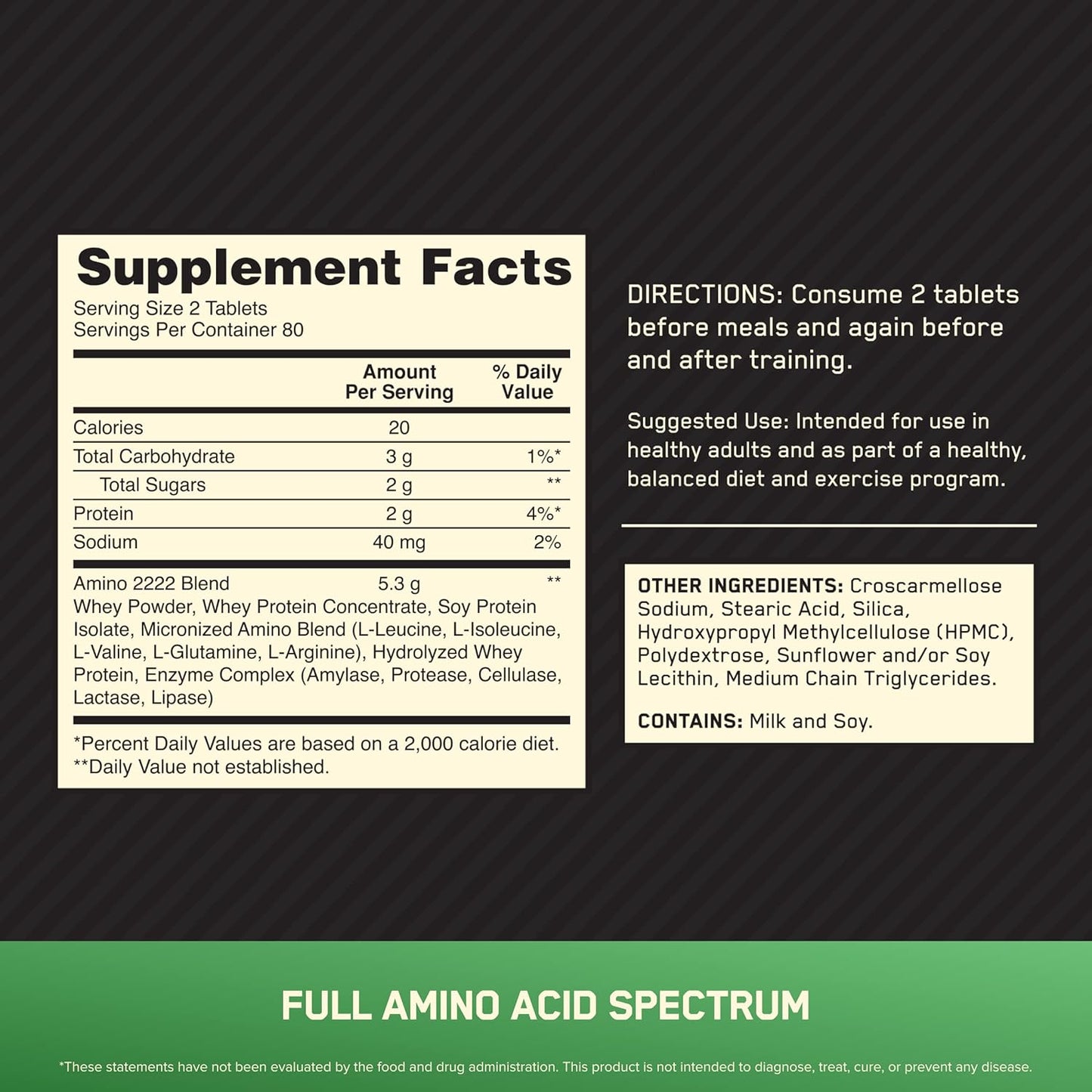 Optimum Nutrition Superior Amino 2222 Tablets - Complete Essential Amino Acids - 160 Count