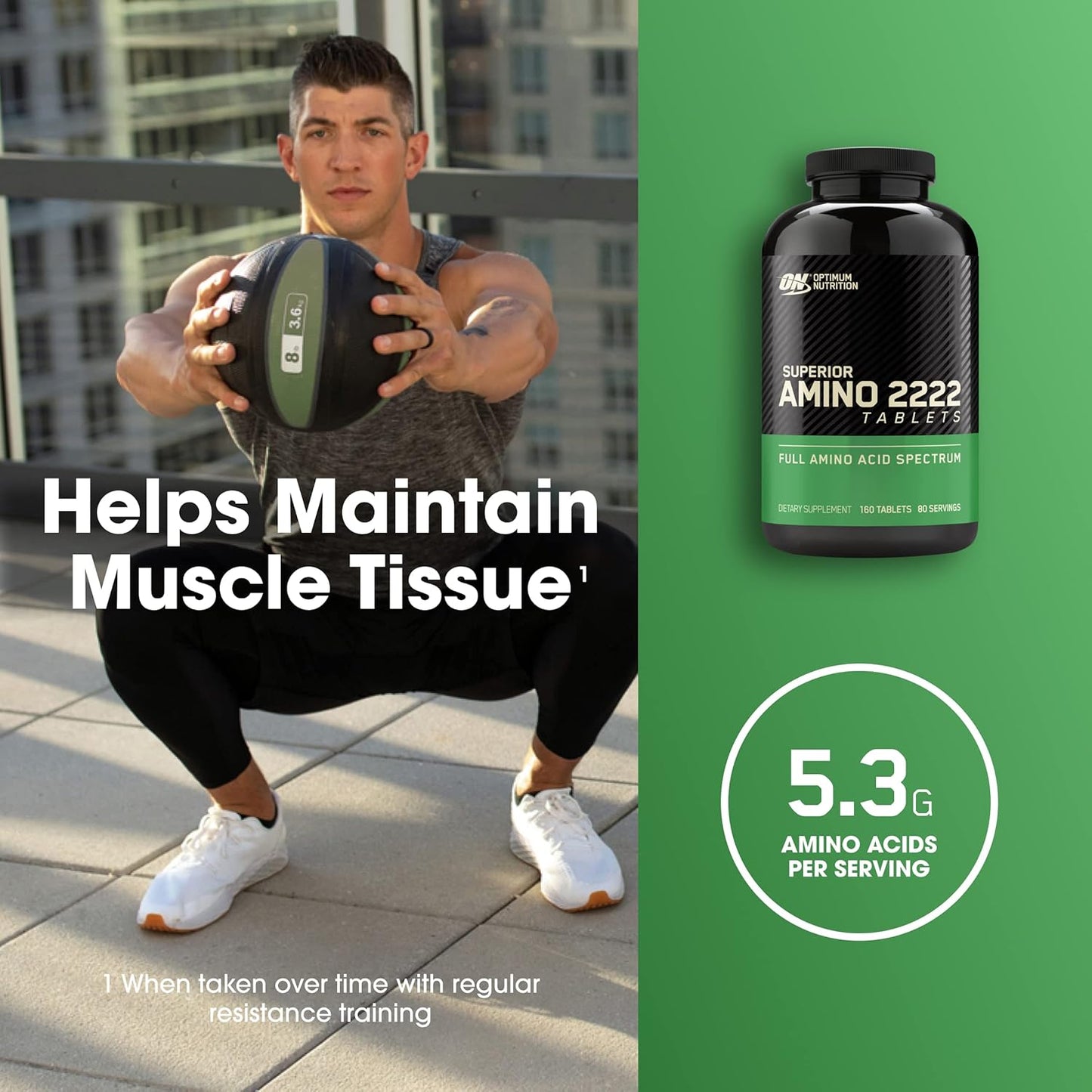 Optimum Nutrition Superior Amino 2222 Tablets - Complete Essential Amino Acids - 160 Count