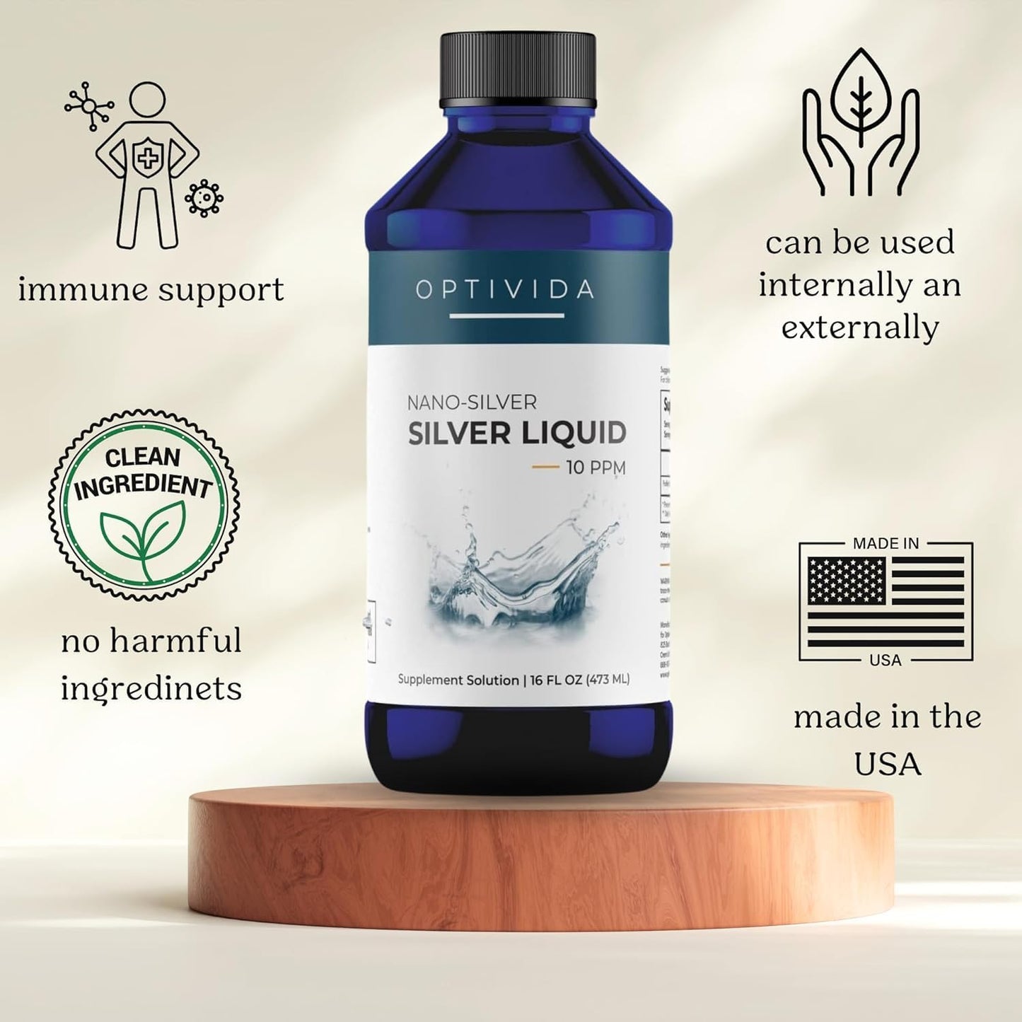 Optivida Health Nano Colloidal Silver Liquid - 1 LB Immune Support Supplement with Silver Hydrosol - Liquid for Immune System Support - 10 PPM Silver Colloidal Liquid