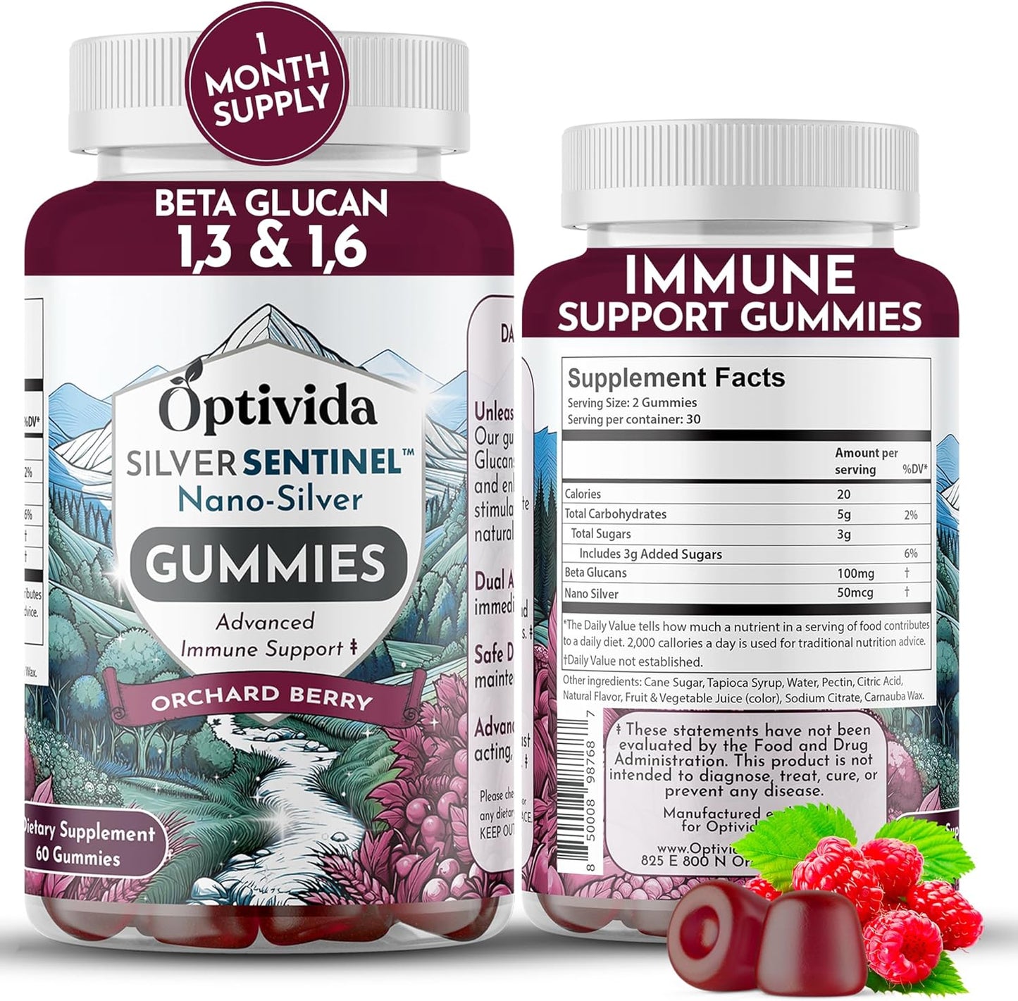 Optivida Nano Silver Beta Glucan Gummies - 60 Count Immune Support Supplements - Orchard Berry Flavor - Colloidal Silver with Beta Glucan 100 for Immune Health