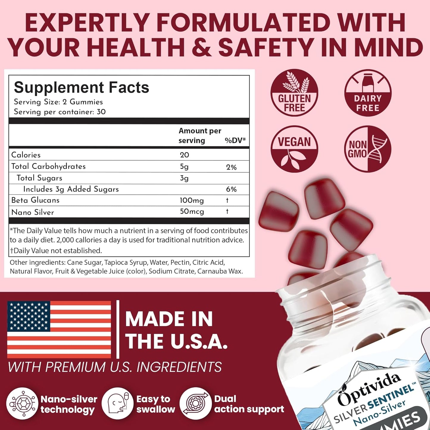 Optivida Nano Silver Beta Glucan Gummies - 60 Count Immune Support Supplements - Orchard Berry Flavor - Colloidal Silver with Beta Glucan 100 for Immune Health