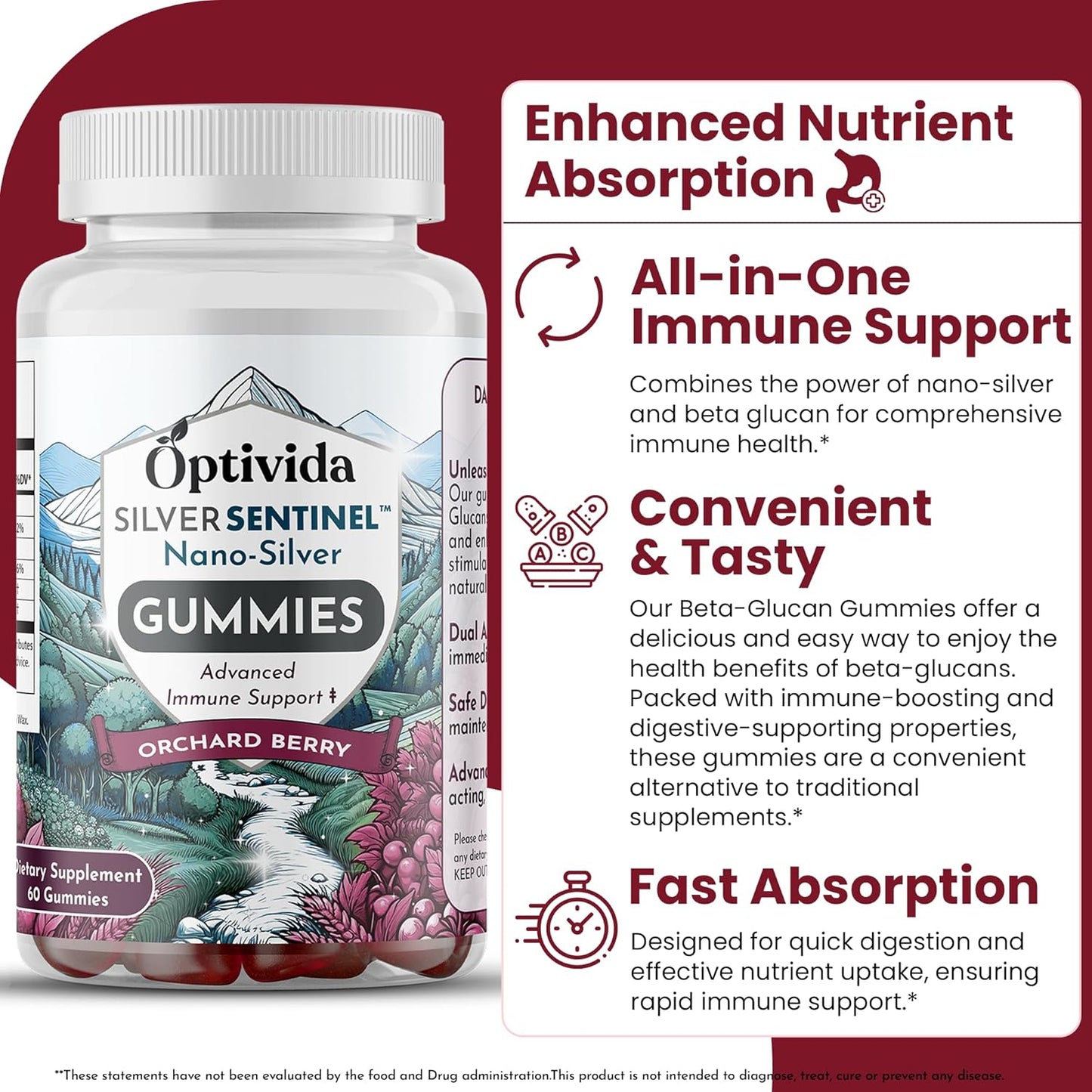 Optivida Nano Silver Beta Glucan Gummies - 60 Count Immune Support Supplements - Orchard Berry Flavor - Colloidal Silver with Beta Glucan 100 for Immune Health