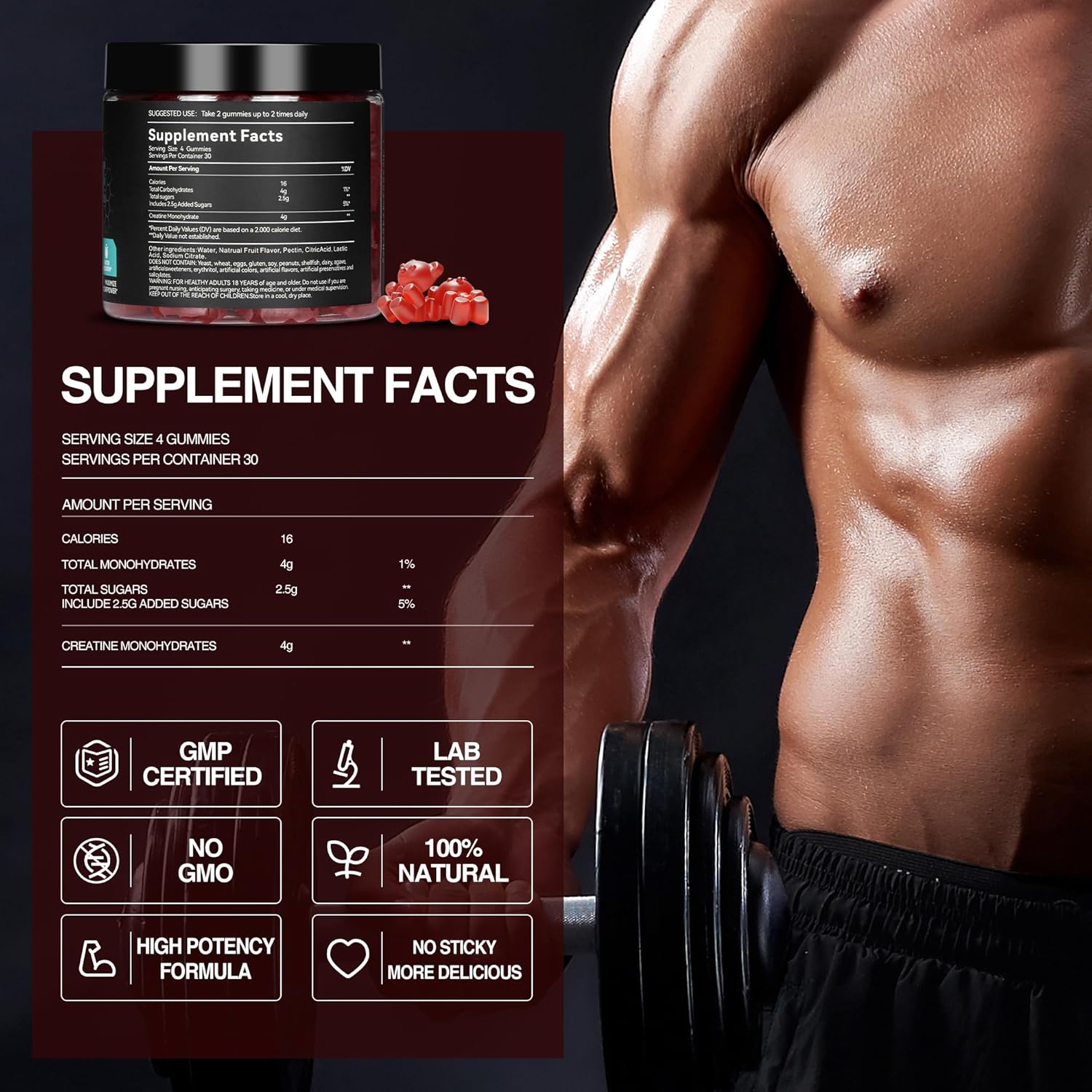 OPTVTAVITA Creatine Monohydrate Gummies 4000mg - Mixed Berry Flavor for Muscle Strength & Energy Boost - Pre-Workout Supplement for Men & Women - 120 Count Strawberry Gummies