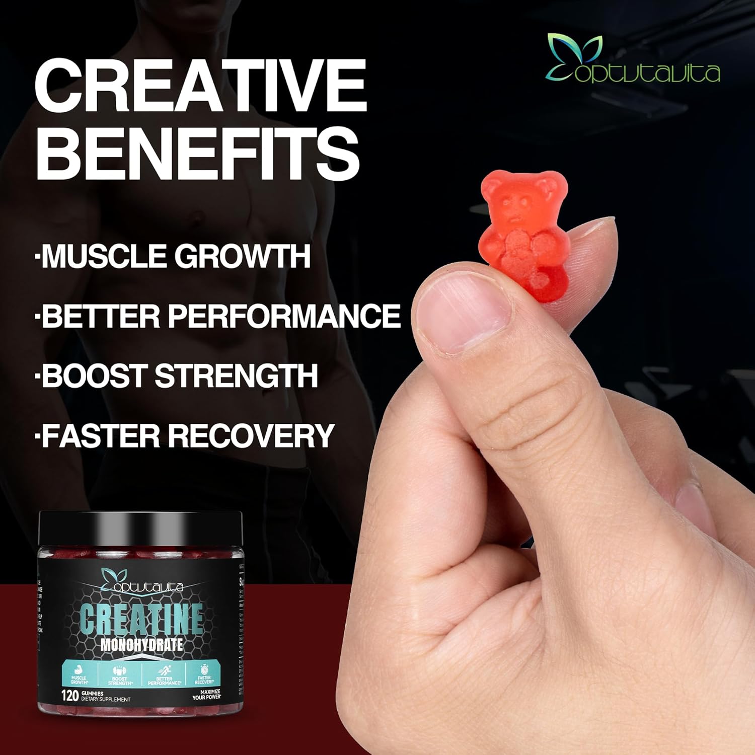 OPTVTAVITA Creatine Monohydrate Gummies 4000mg - Mixed Berry Flavor for Muscle Strength & Energy Boost - Pre-Workout Supplement for Men & Women - 120 Count Strawberry Gummies