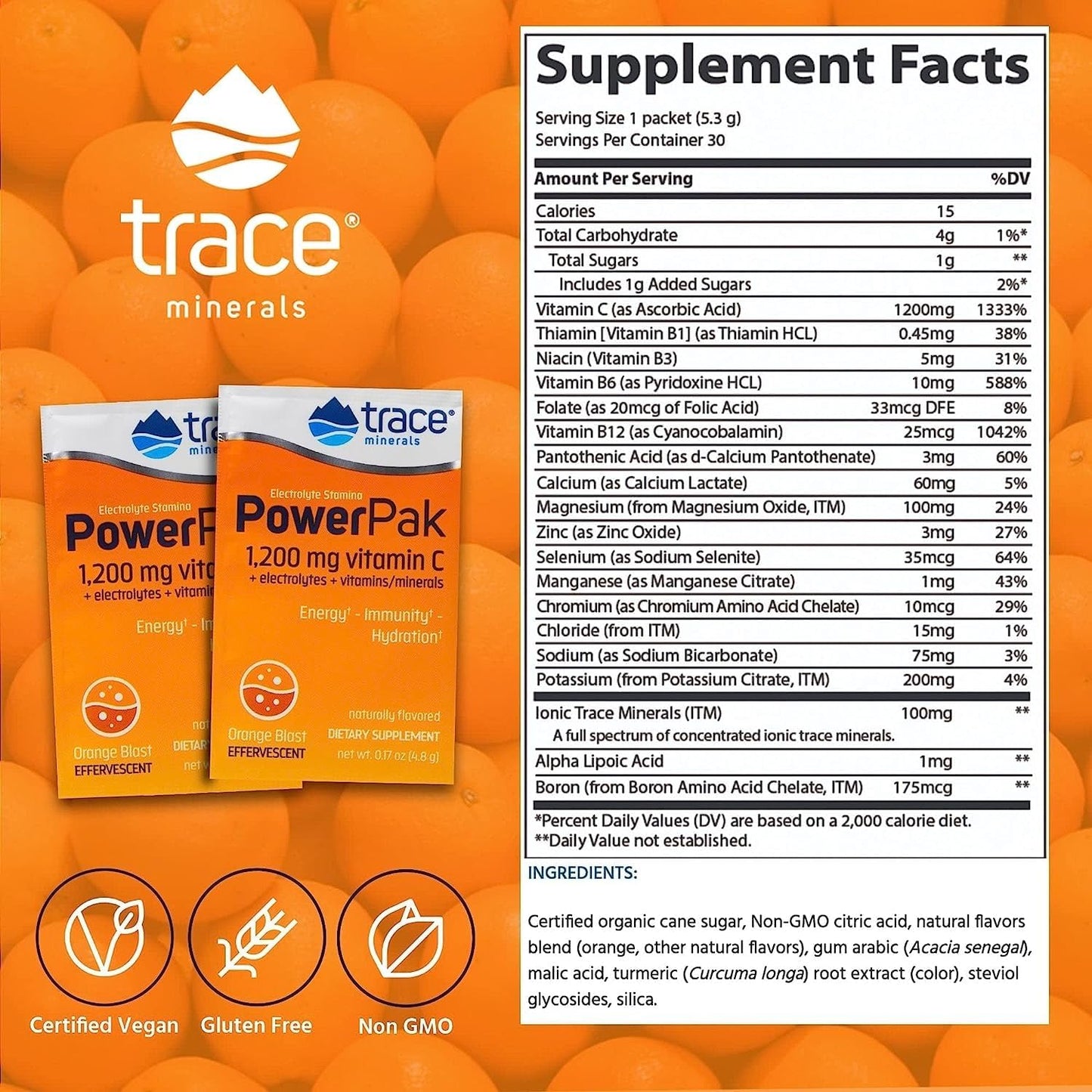 Orange Blast Electrolyte Stamina Power Pak - 30 Packets, 0.17oz (4.8g) with Trace Minerals