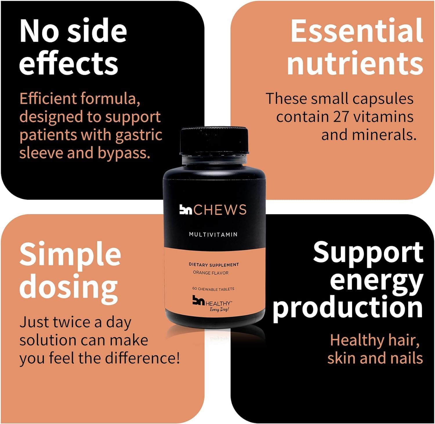 Orange Chewable Bariatric Multivitamin with Iron - 27 Essential Vitamins for Men & Women - Gluten Free - Easy to Digest - 60 Tablets