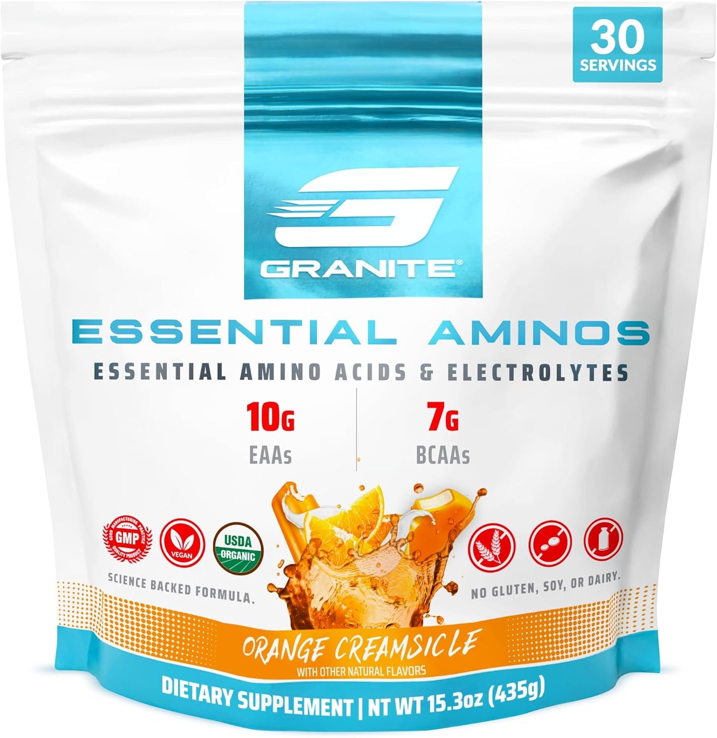 Orange Creamsicle Granite Essential Amino Acids Powder - 10g EAAs, 7g BCAAs, Muscle Recovery & Growth - Soy-Free, Gluten-Free - 30 Servings