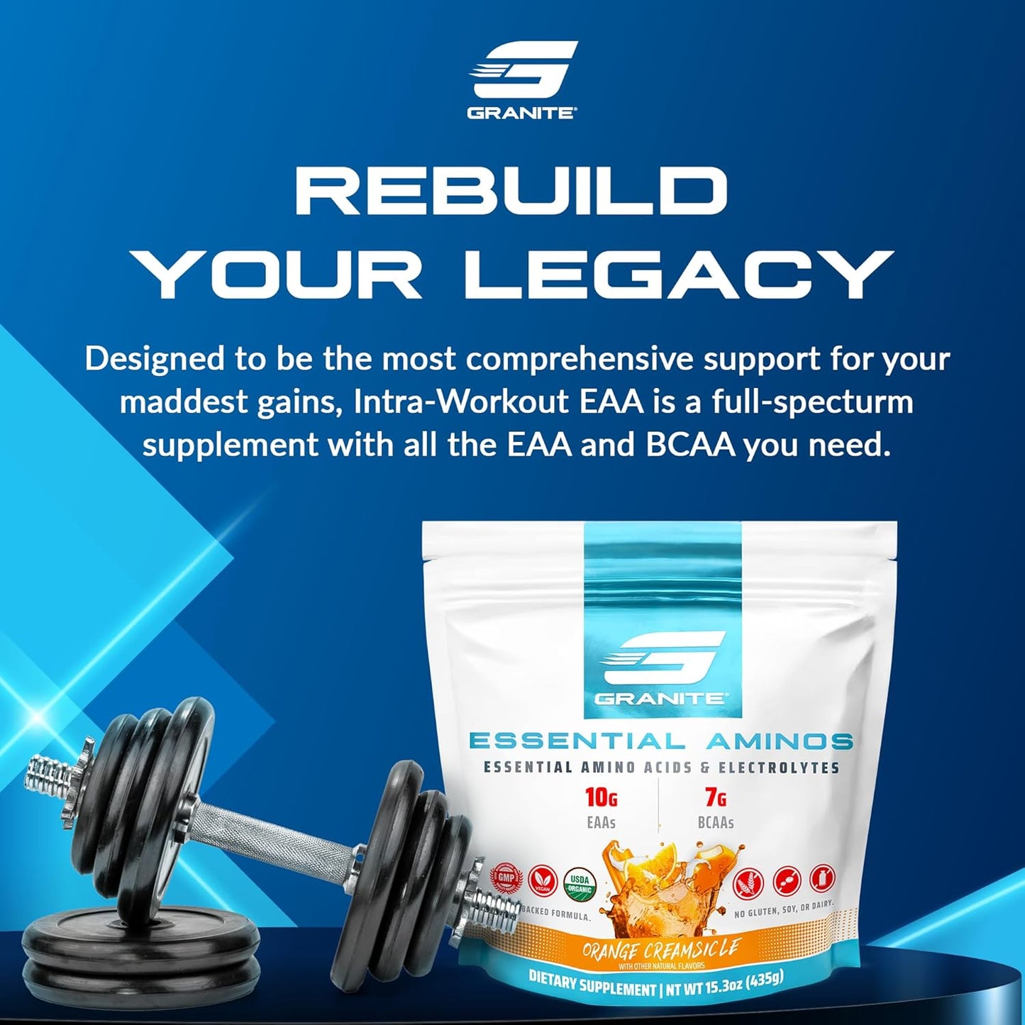 Orange Creamsicle Granite Essential Amino Acids Powder - 10g EAAs, 7g BCAAs, Muscle Recovery & Growth - Soy-Free, Gluten-Free - 30 Servings