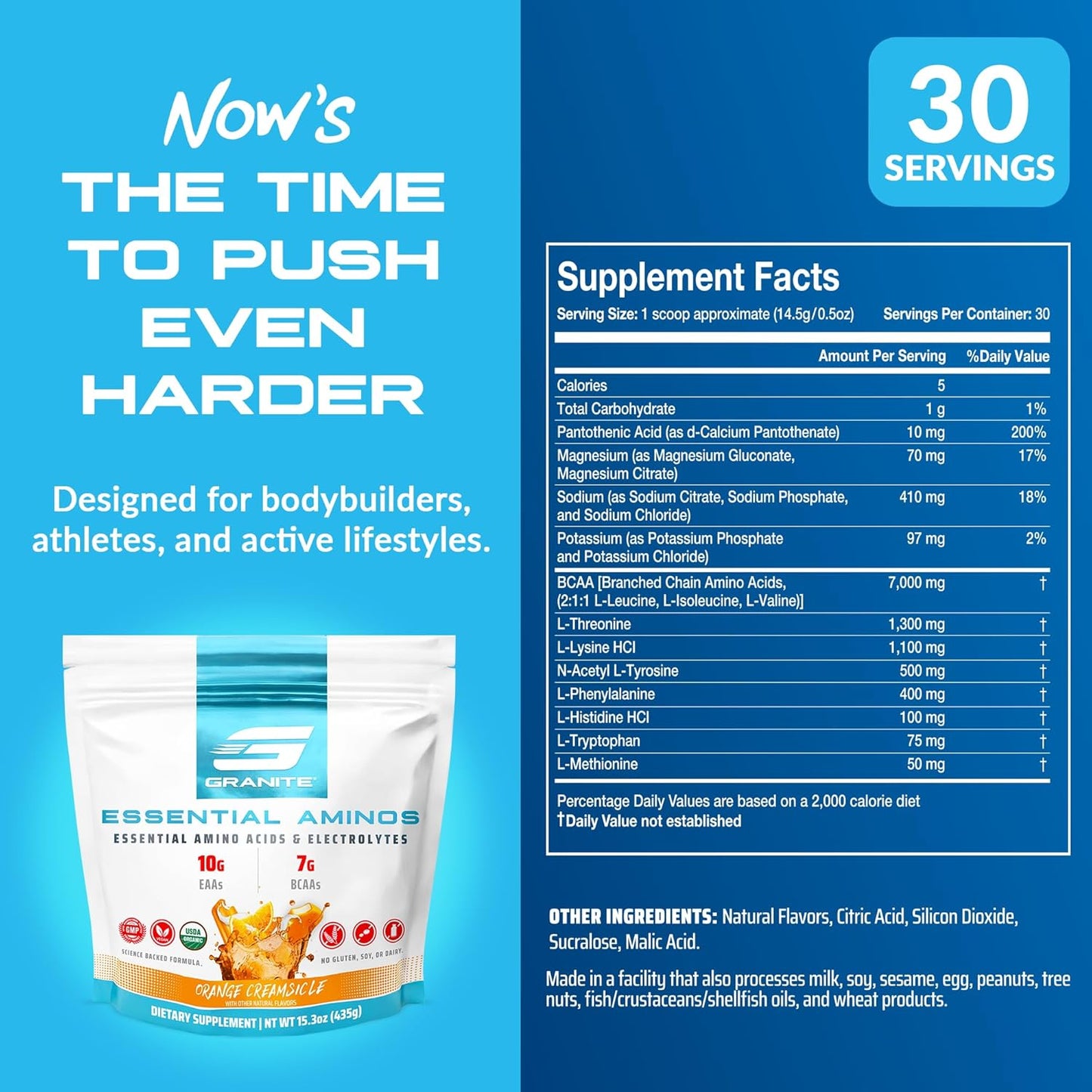 Orange Creamsicle Granite Essential Amino Acids Powder - 10g EAAs, 7g BCAAs, Muscle Recovery & Growth - Soy-Free, Gluten-Free - 30 Servings
