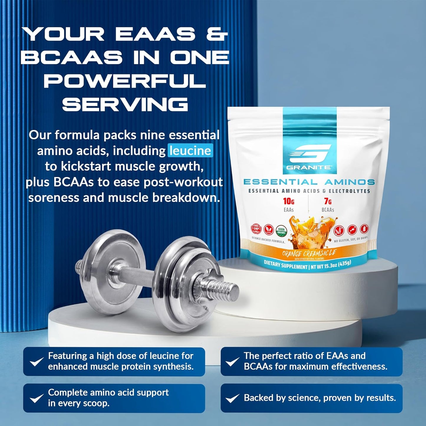 Orange Creamsicle Granite Essential Amino Acids Powder - 10g EAAs, 7g BCAAs, Muscle Recovery & Growth - Soy-Free, Gluten-Free - 30 Servings