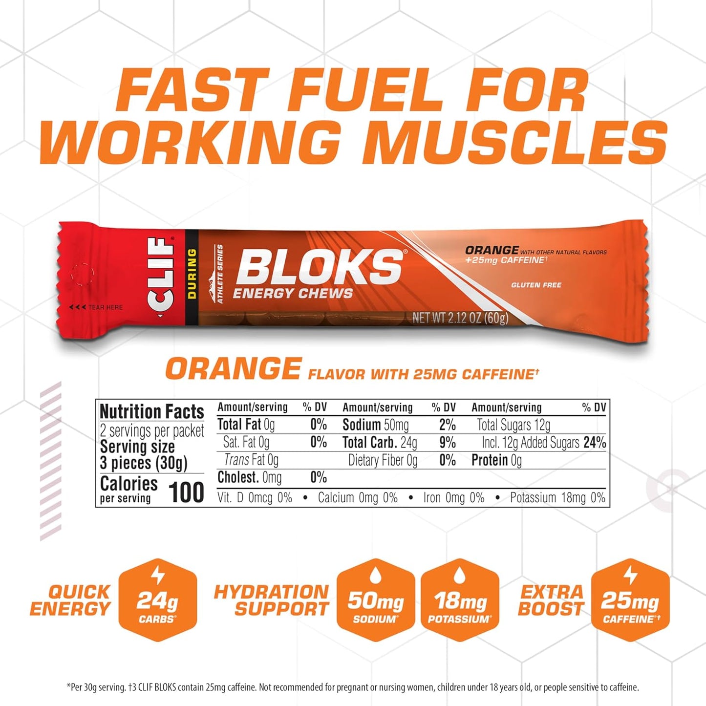 Orange Flavored CLIF BLOKS with Caffeine - Energy Chews for Cycling and Running - Non-GMO, Plant Based - Fast Fuel for Endurance - 2.12 oz. (18 Count)