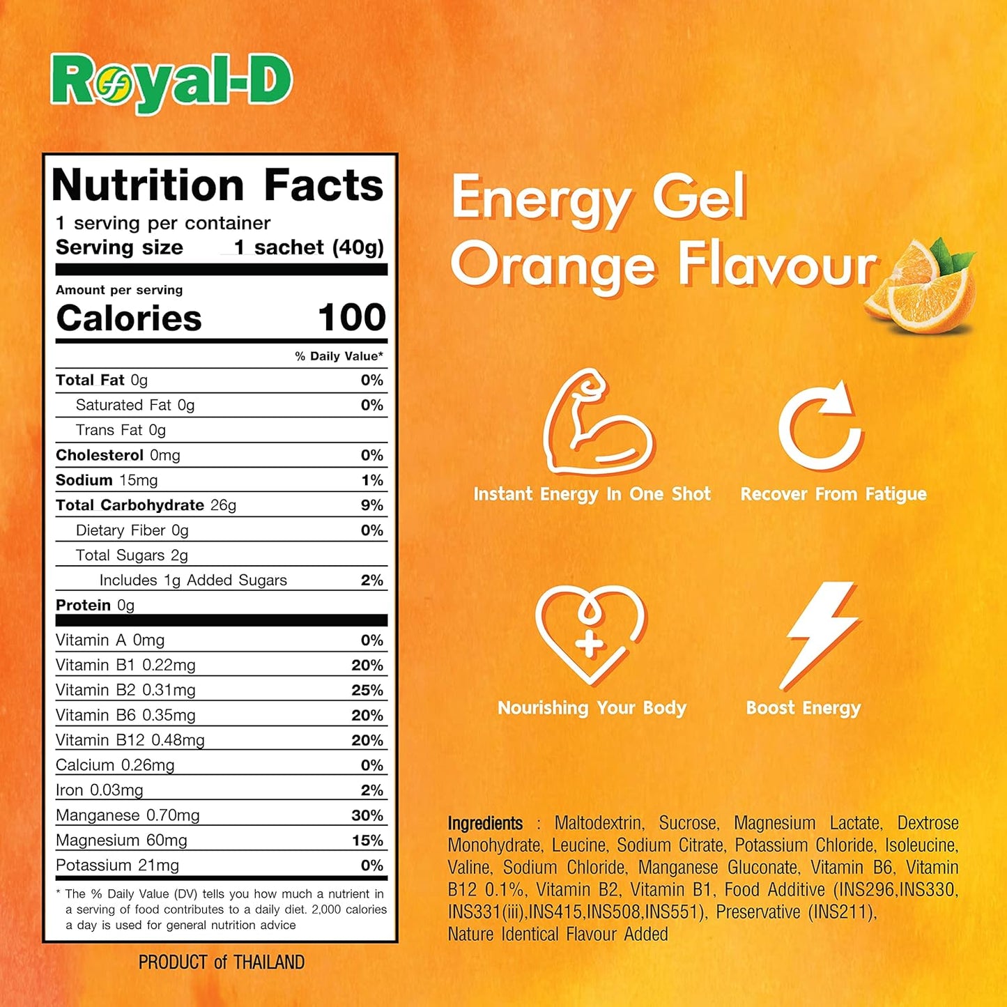 Orange Flavored Royal-D Energy Gels - 1.4 Oz Packets, 20 Count - Running and Cycling Energy Gel for Runners
