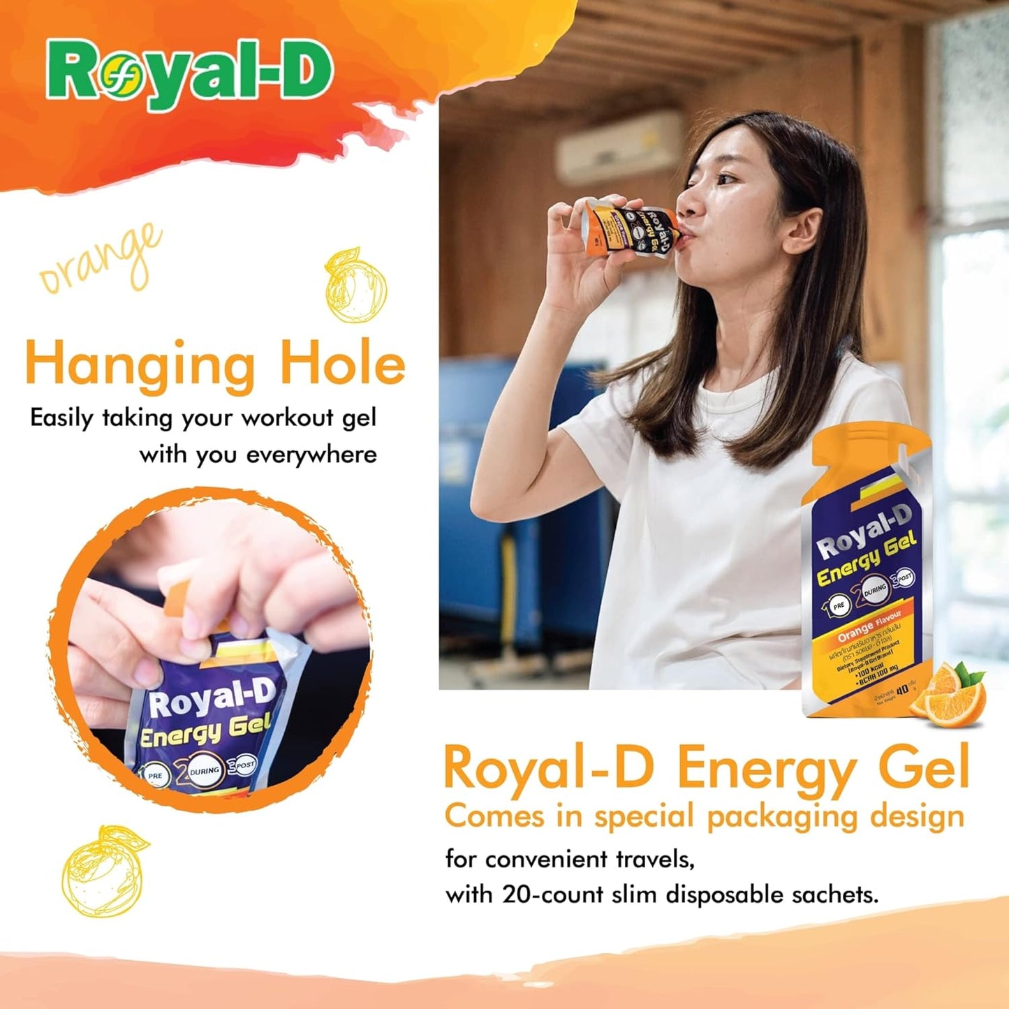 Orange Flavored Royal-D Energy Gels - 1.4 Oz Packets, 20 Count - Running and Cycling Energy Gel for Runners