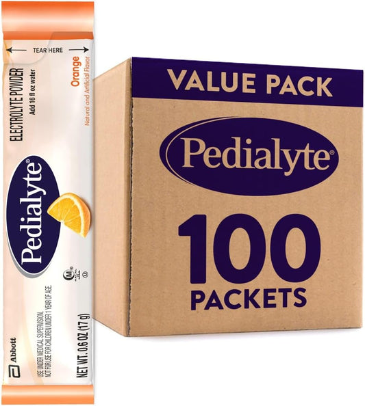 Orange Pedialyte Electrolyte Powder Packets - 100 Single-Serving Hydration Drink Packs