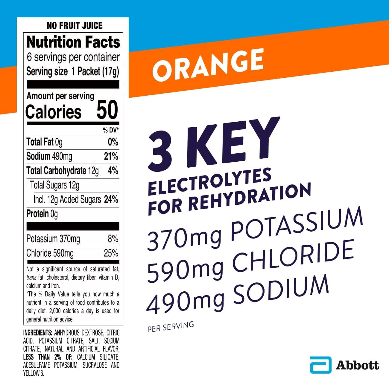 Orange Pedialyte Electrolyte Powder Packets - 100 Single-Serving Hydration Drink Packs